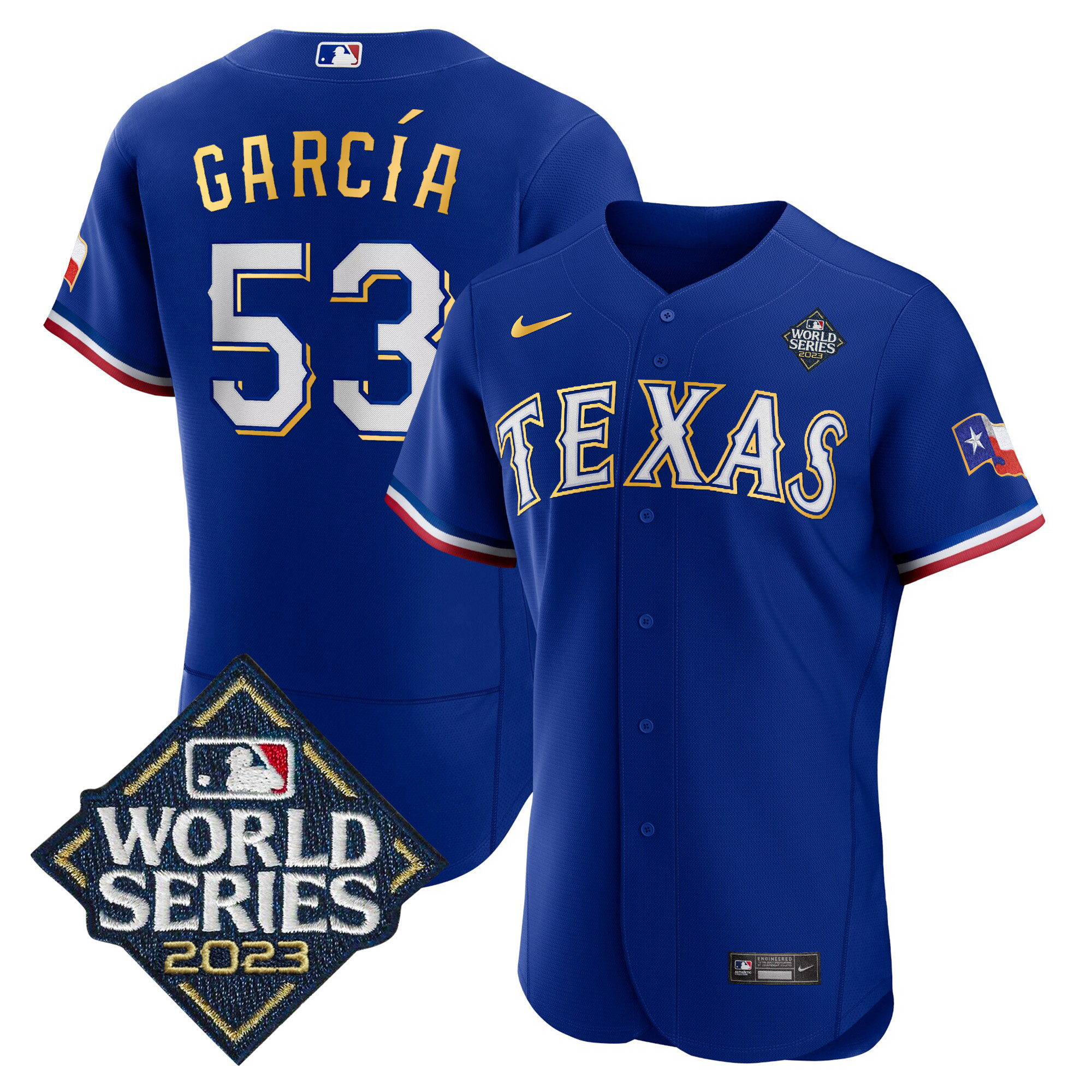 Adolis Garcia Men's Texas Rangers World Series Flex Base Gold Trim V2 Royal Jersey