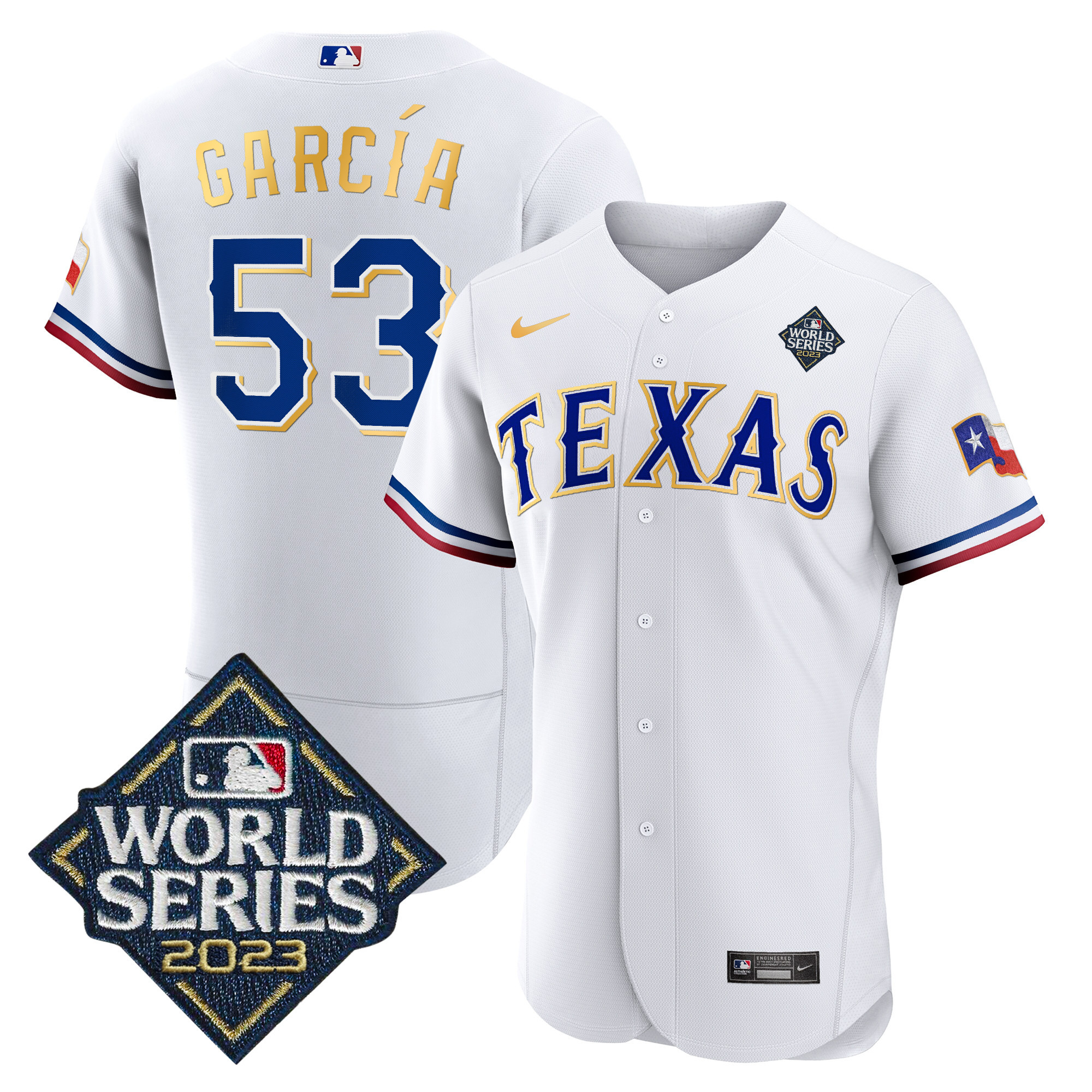 Adolis Garcia Men's Texas Rangers World Series Flex Base Gold Trim V2 White Jersey
