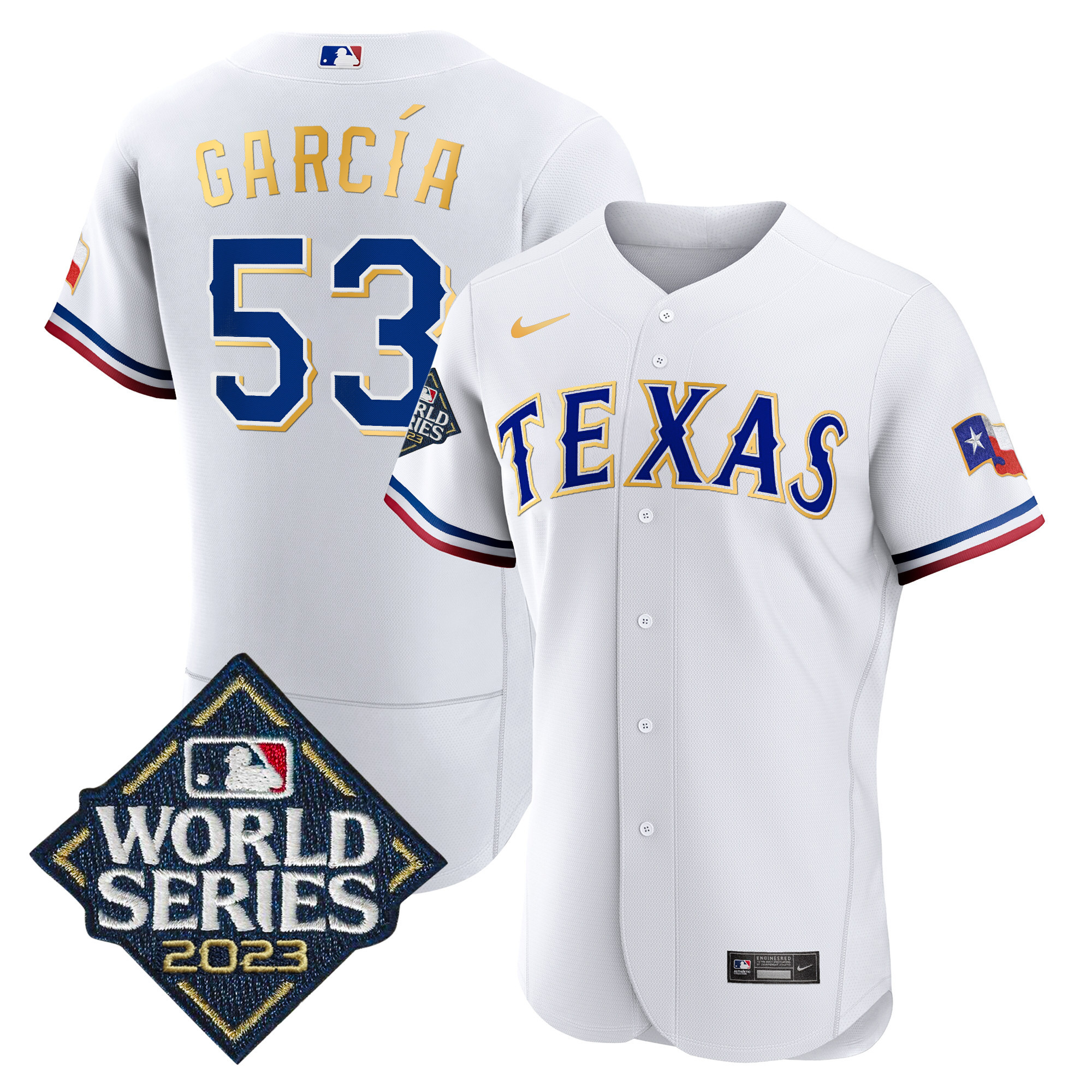Adolis Garcia Men's Texas Rangers World Series Flex Base Gold Trim White Jersey
