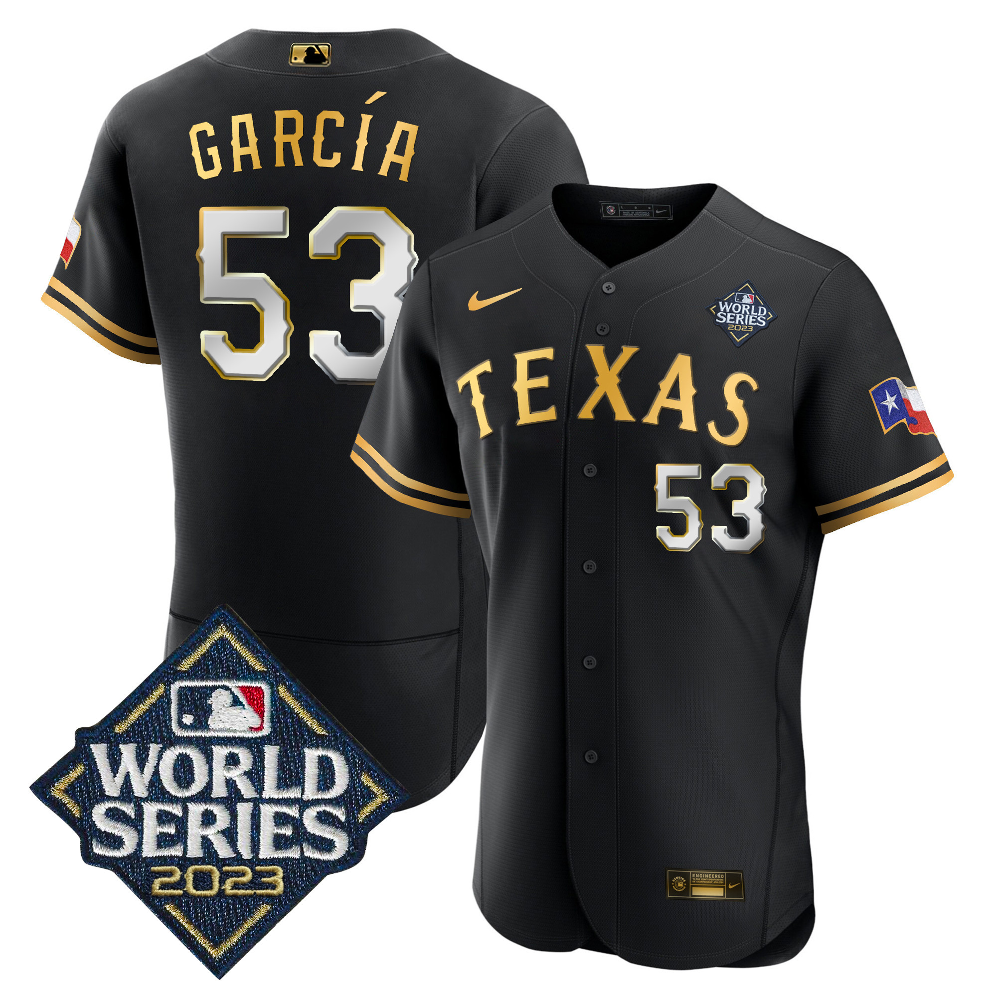 Adolis Garcia Men's Texas Rangers World Series Flex Base V2 Black Gold Jersey
