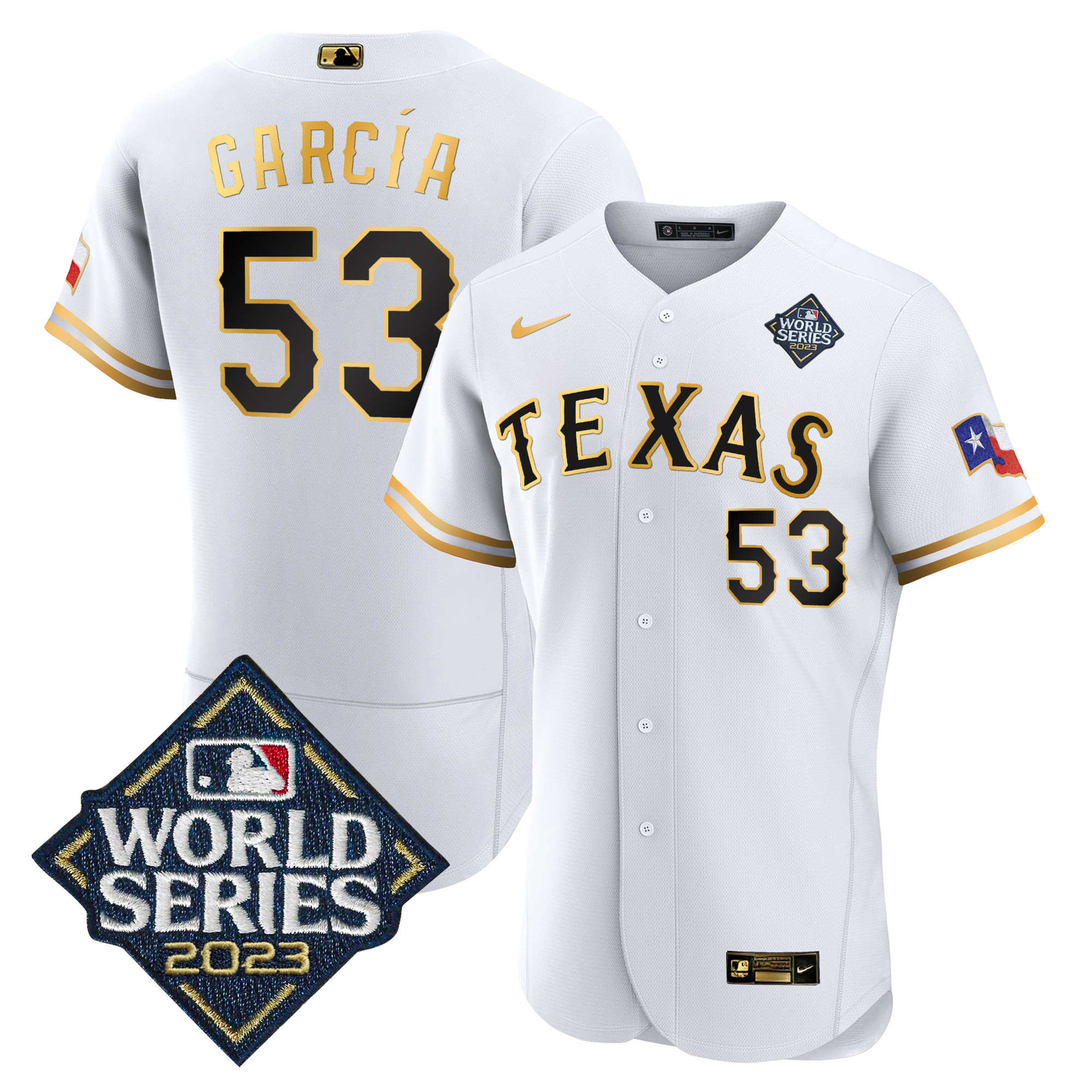 Adolis Garcia Men's Texas Rangers World Series Flex Base V2 White Gold Jersey