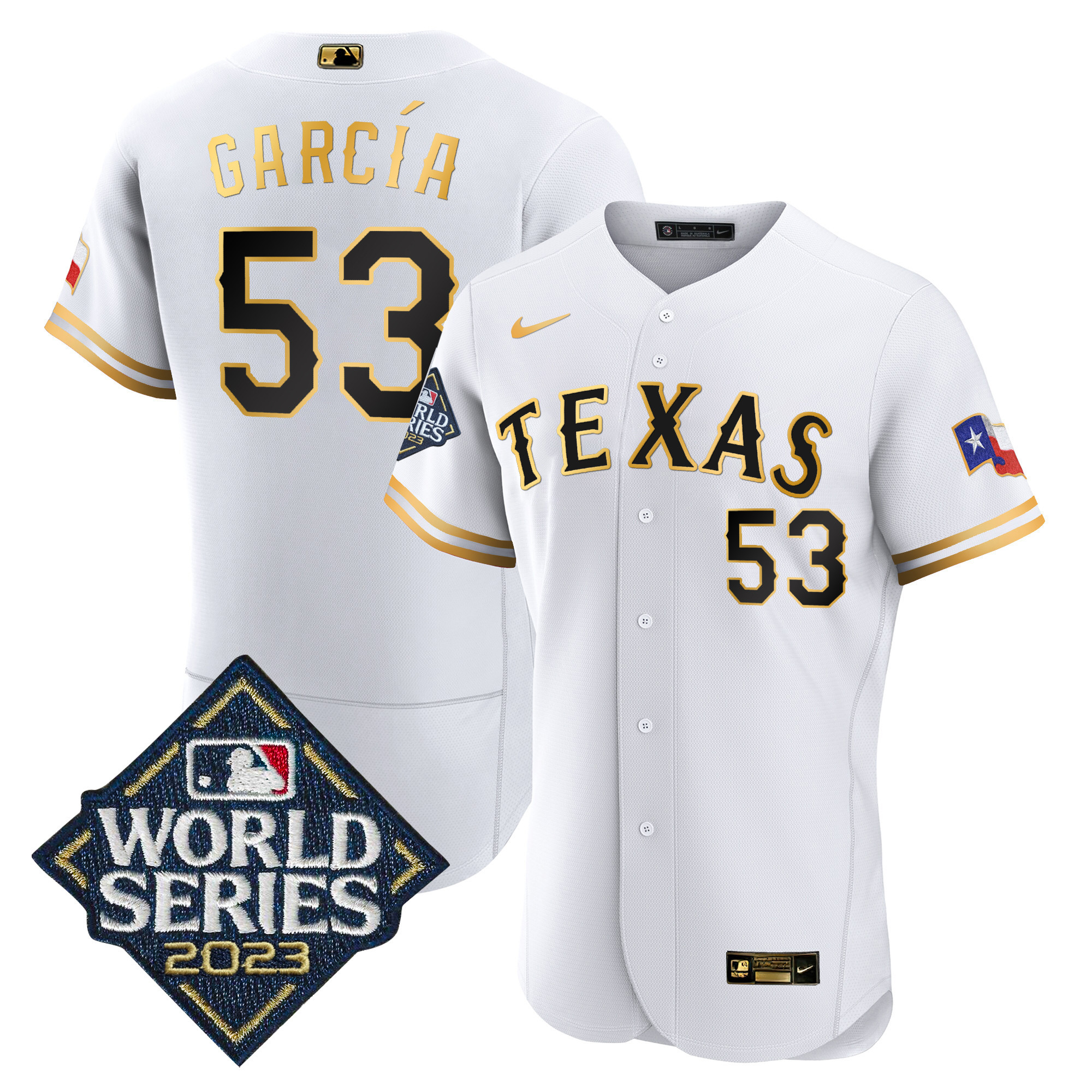 Adolis Garcia Men's Texas Rangers World Series Flex Base White Gold Jersey