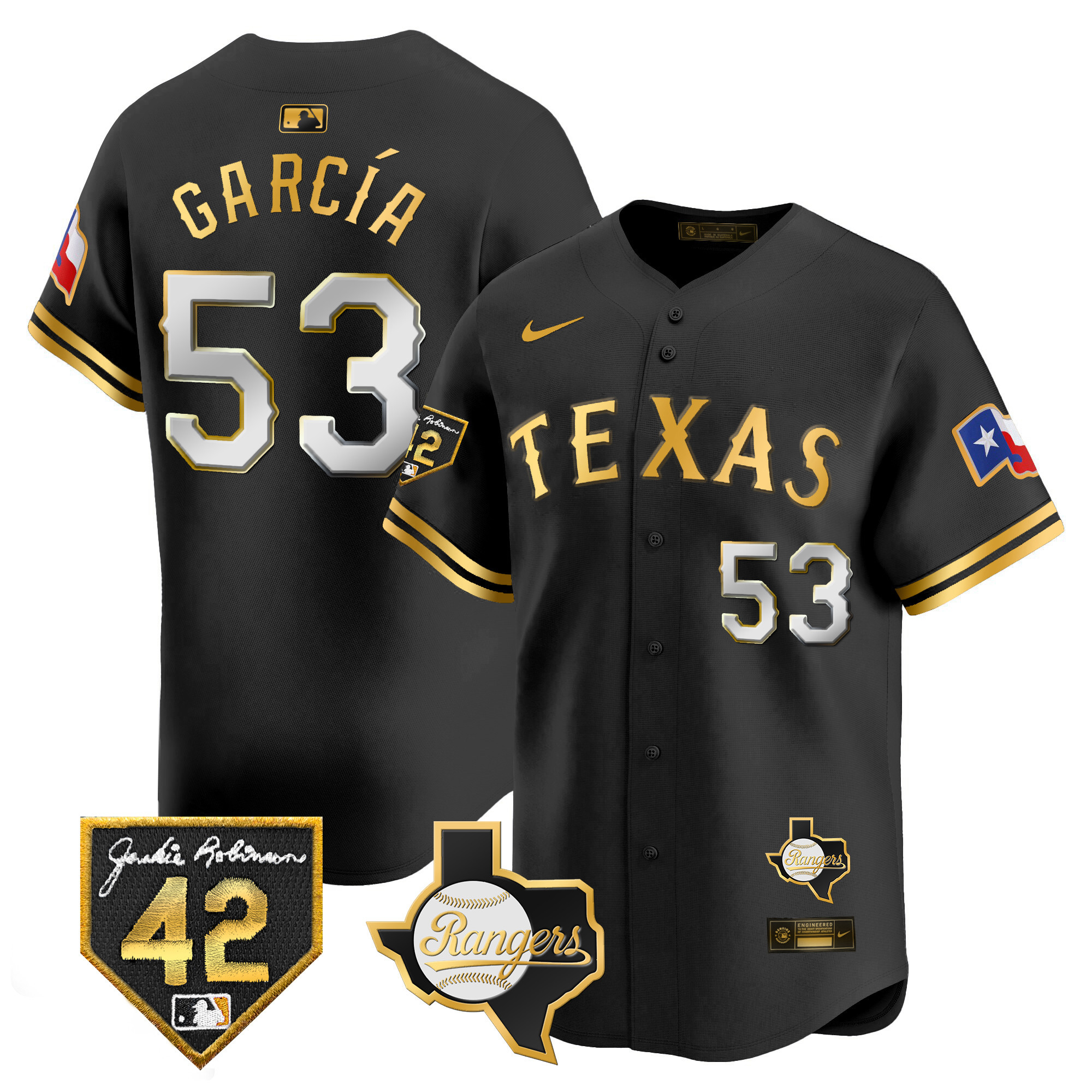 Adolis Garcia Men's Texas Rangers Jackie Robinson Patch Vapor Premier Limited Black Gold Jersey