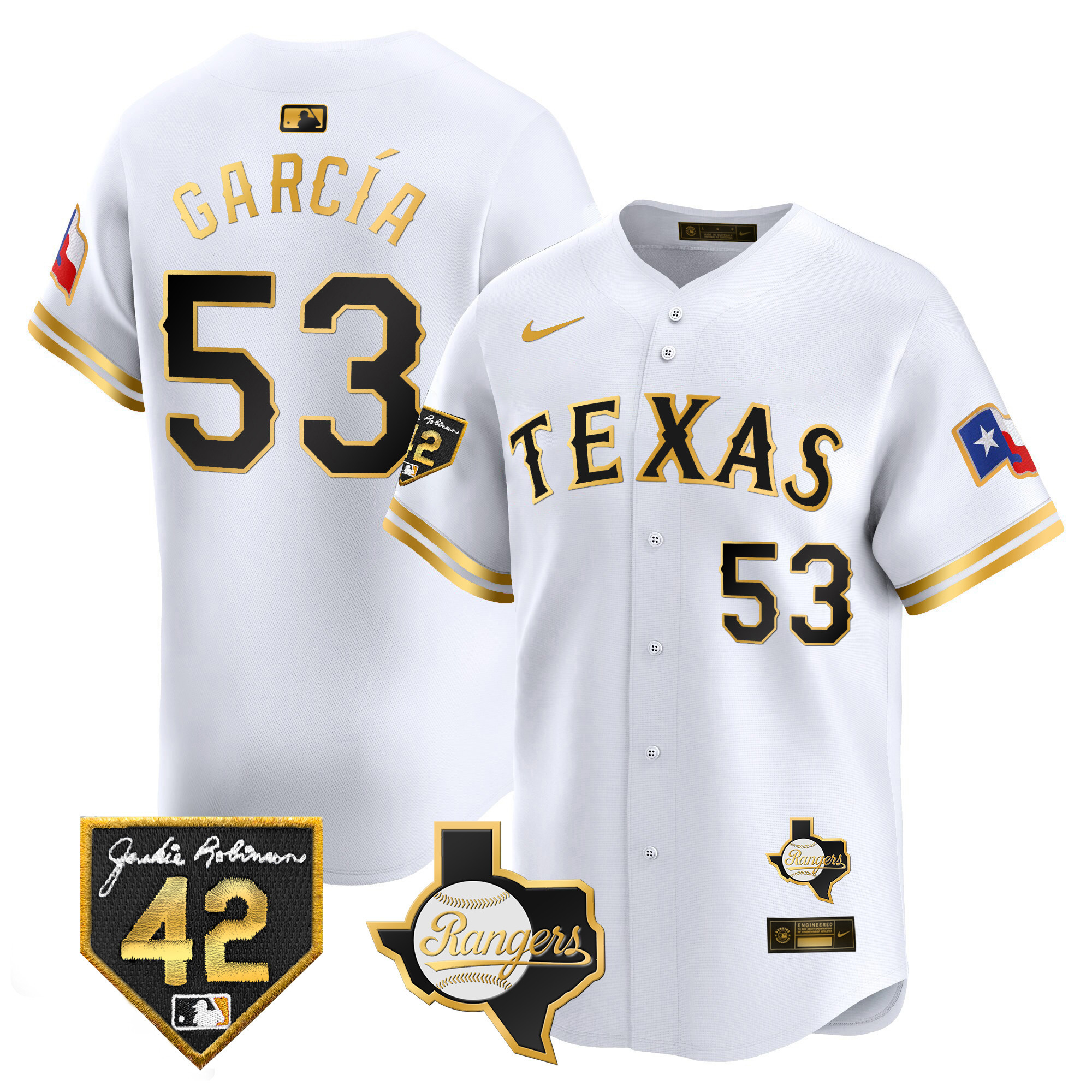 Adolis Garcia Men's Texas Rangers Jackie Robinson Patch Vapor Premier Limited White Gold Jersey