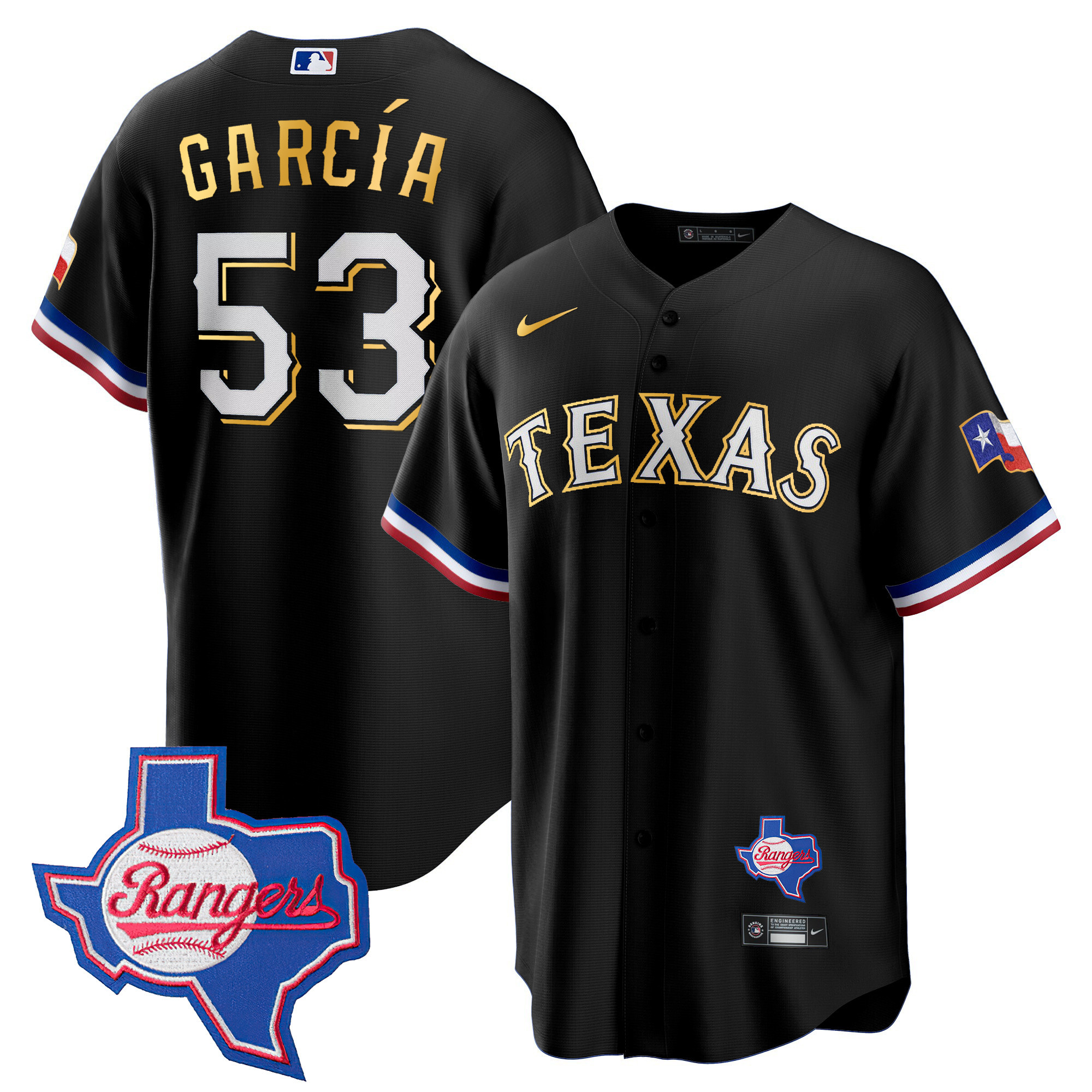 Adolis Garcia Men's Texas Rangers Gold Trim Cool Base - Texas Patch Black Jersey