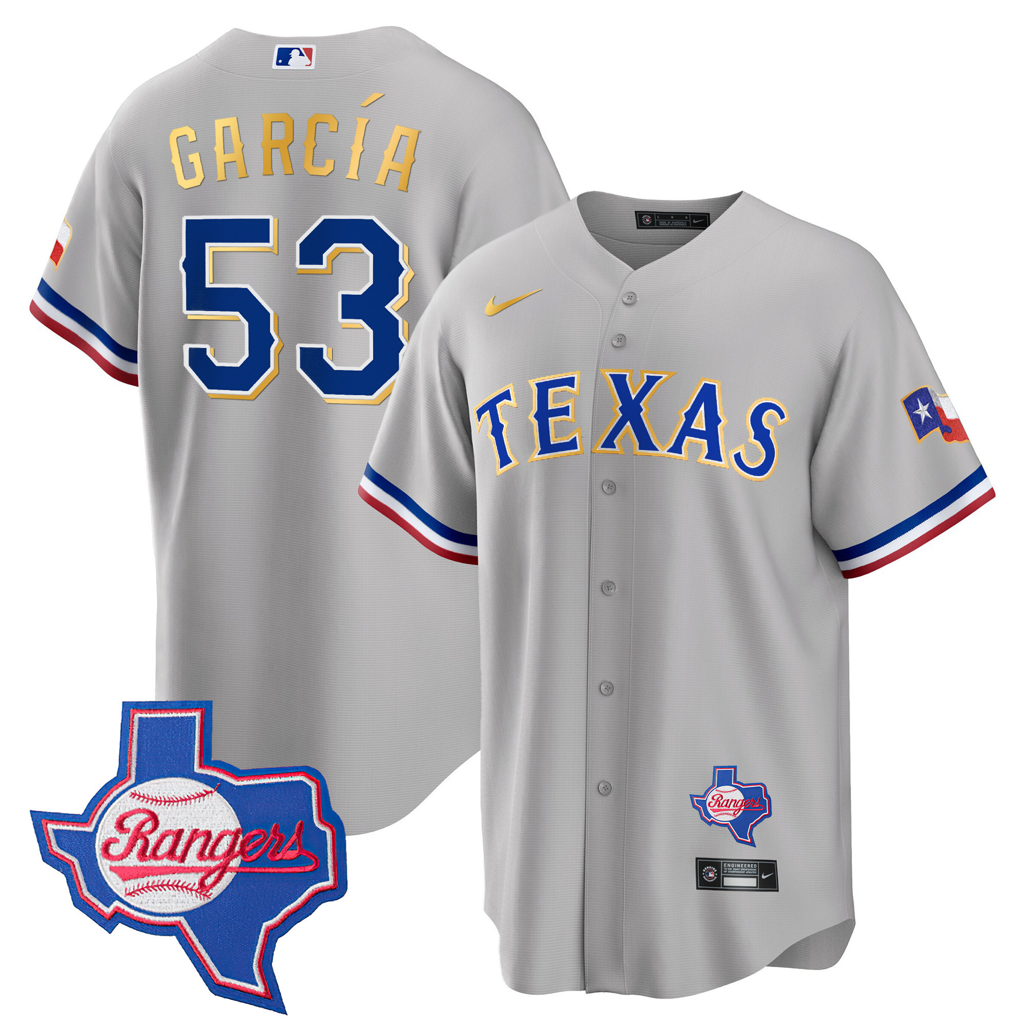 Adolis Garcia Men's Texas Rangers Gold Trim Cool Base - Texas Patch Gray Jersey
