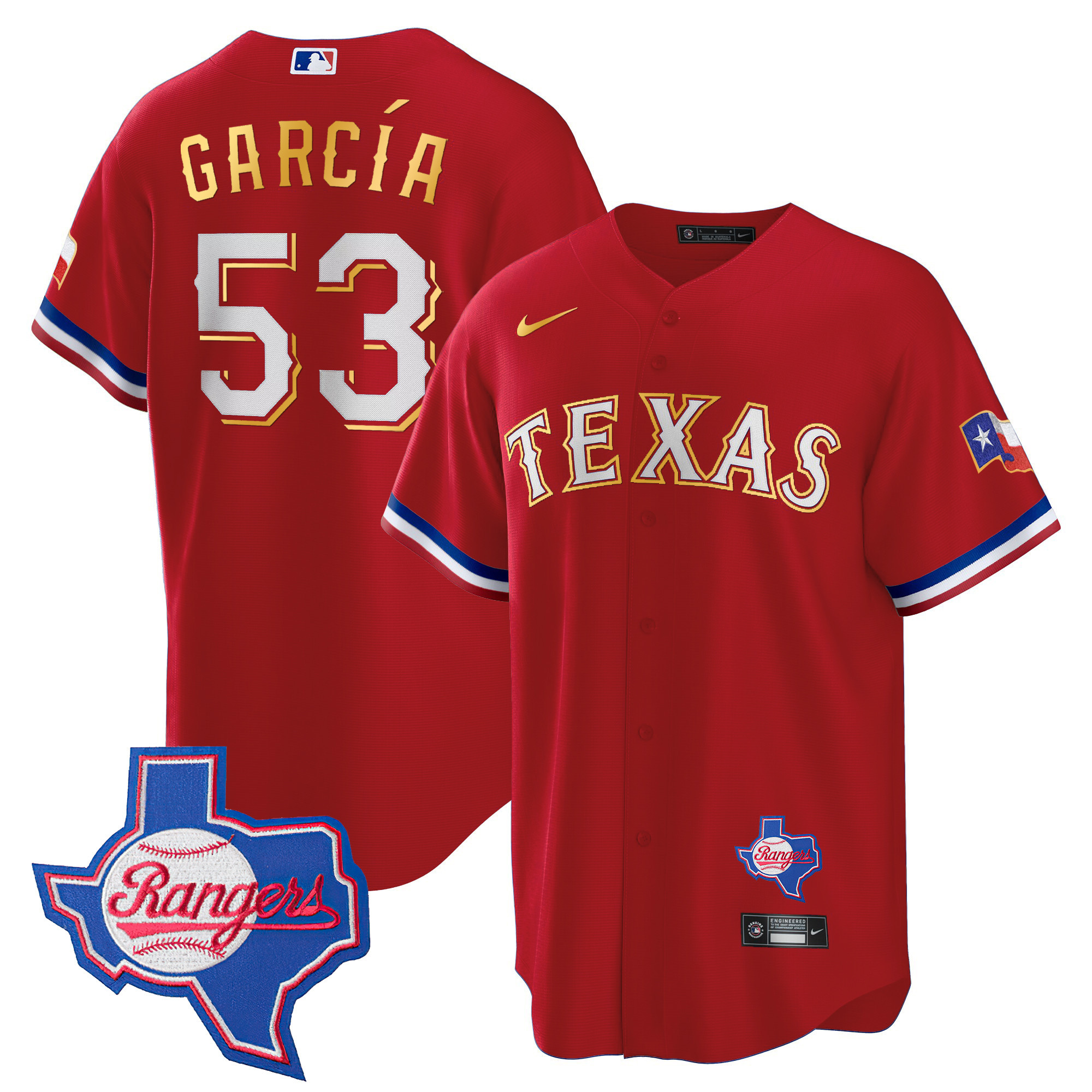 Adolis Garcia Men's Texas Rangers Gold Trim Cool Base - Texas Patch Red Jersey
