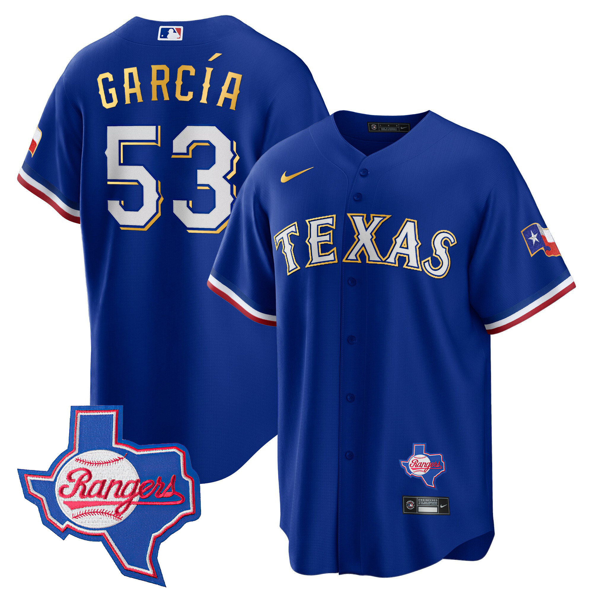Adolis Garcia Men's Texas Rangers Gold Trim Cool Base - Texas Patch Royal Jersey