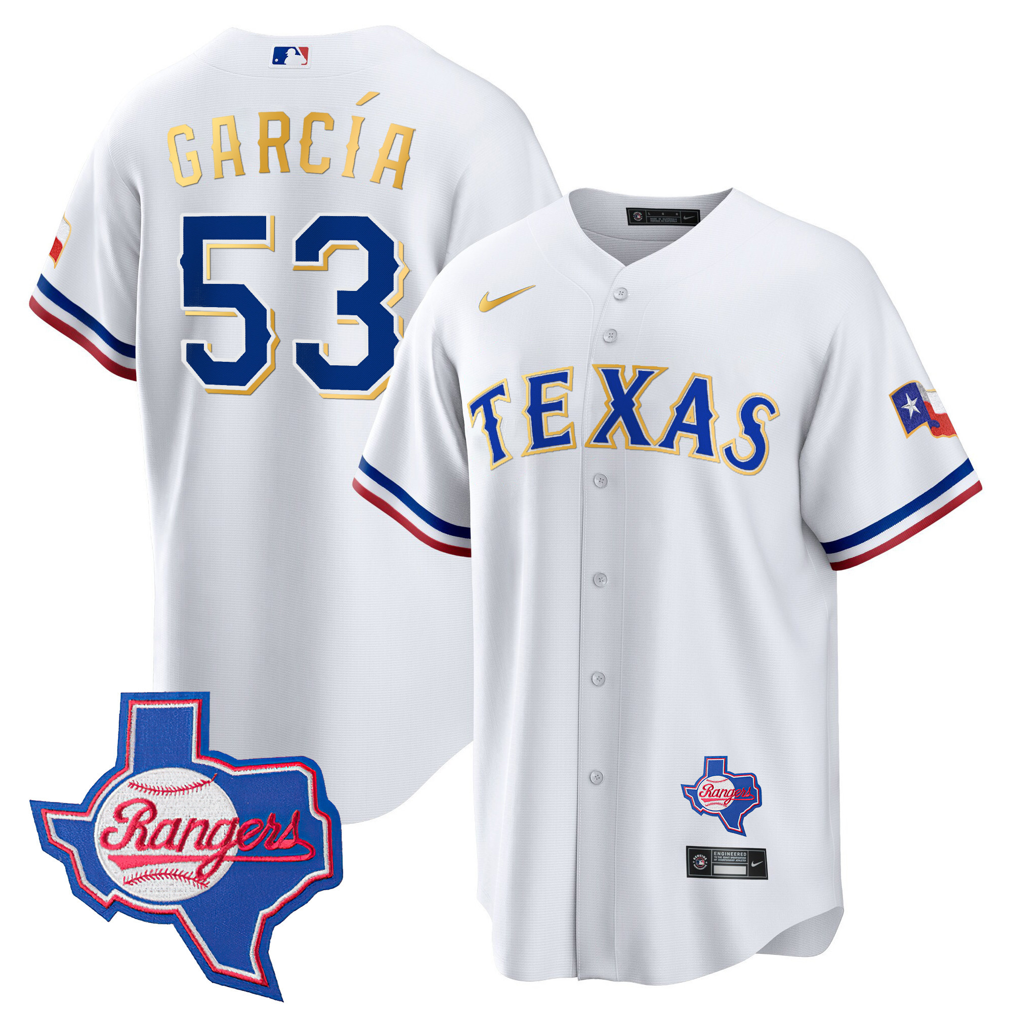 Adolis Garcia Men's Texas Rangers Gold Trim Cool Base - Texas Patch White Jersey