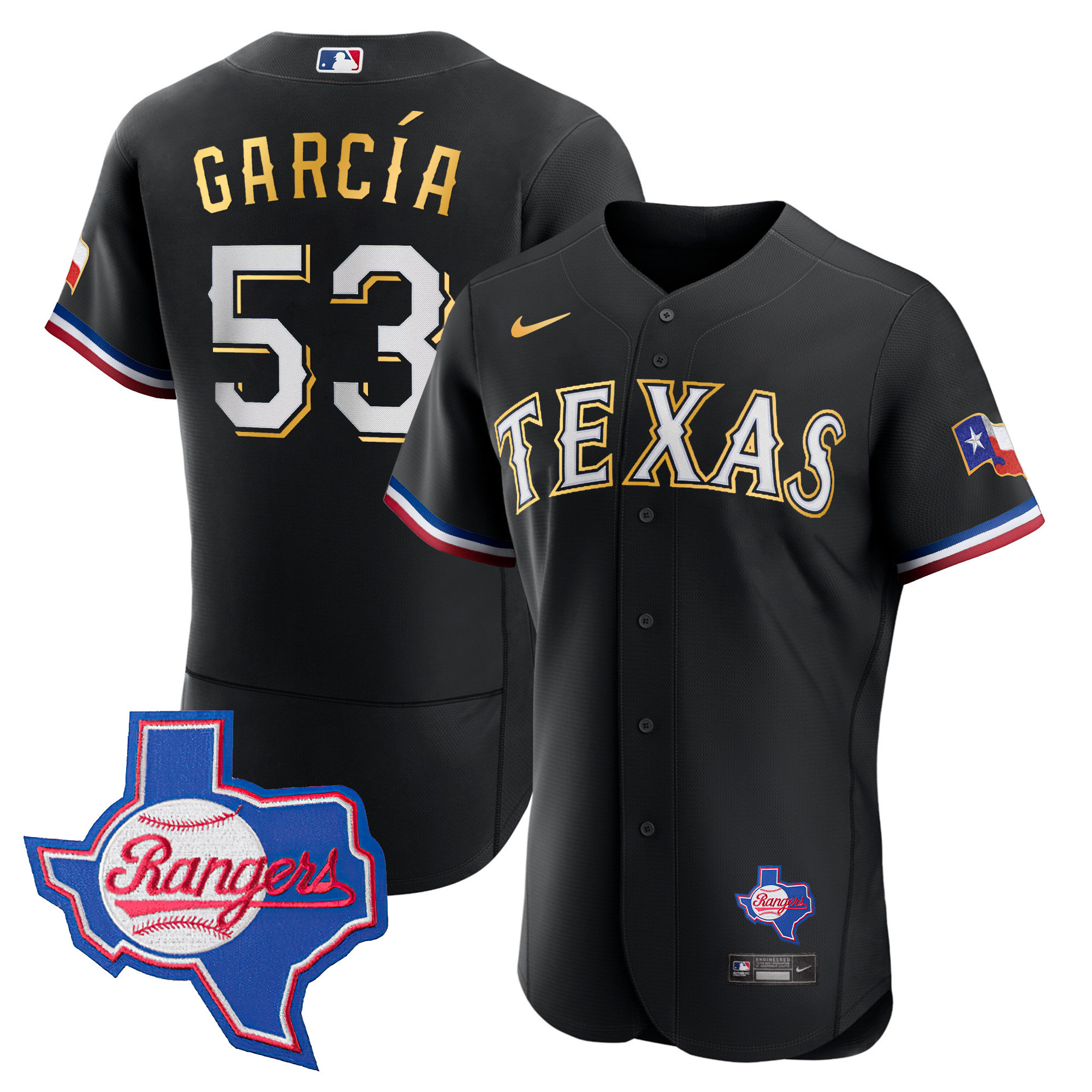 Adolis Garcia Men's Texas Rangers Gold Trim Flex Base - Texas Patch Black Jersey
