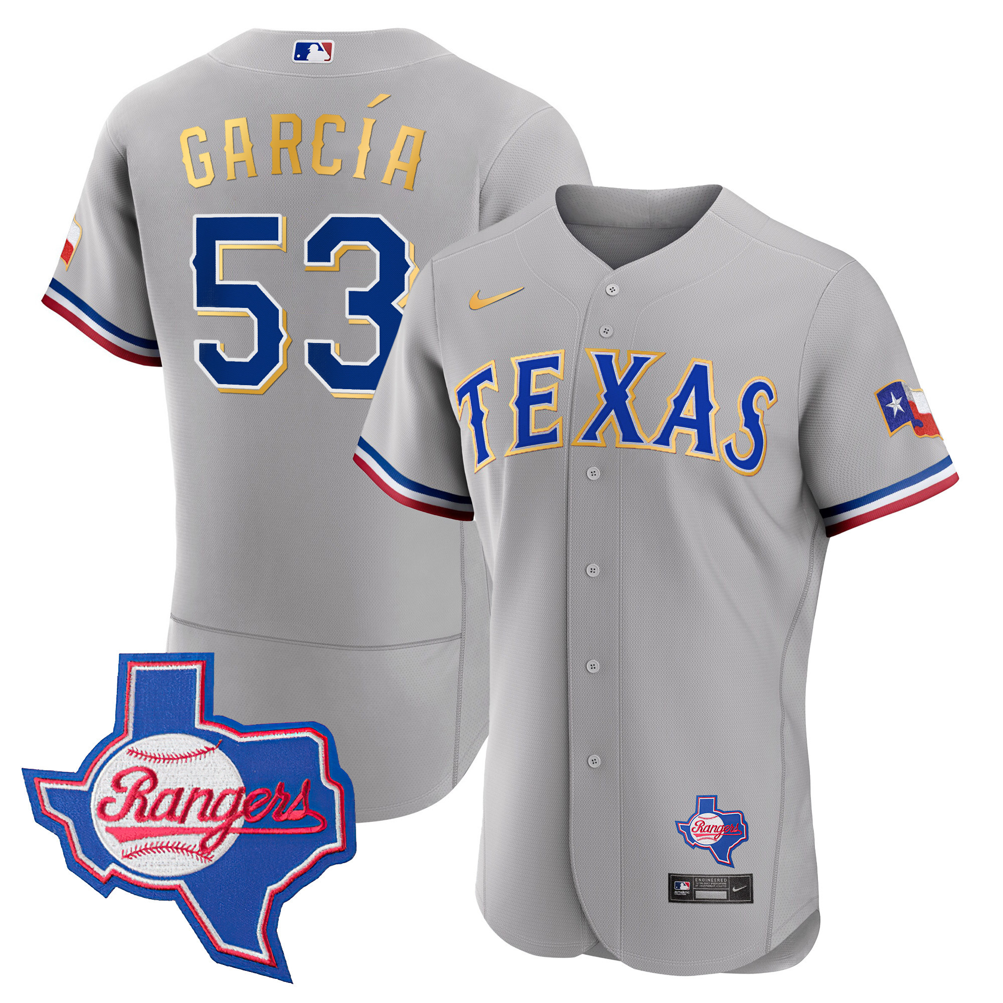Adolis Garcia Men's Texas Rangers Gold Trim Flex Base - Texas Patch Gray Jersey