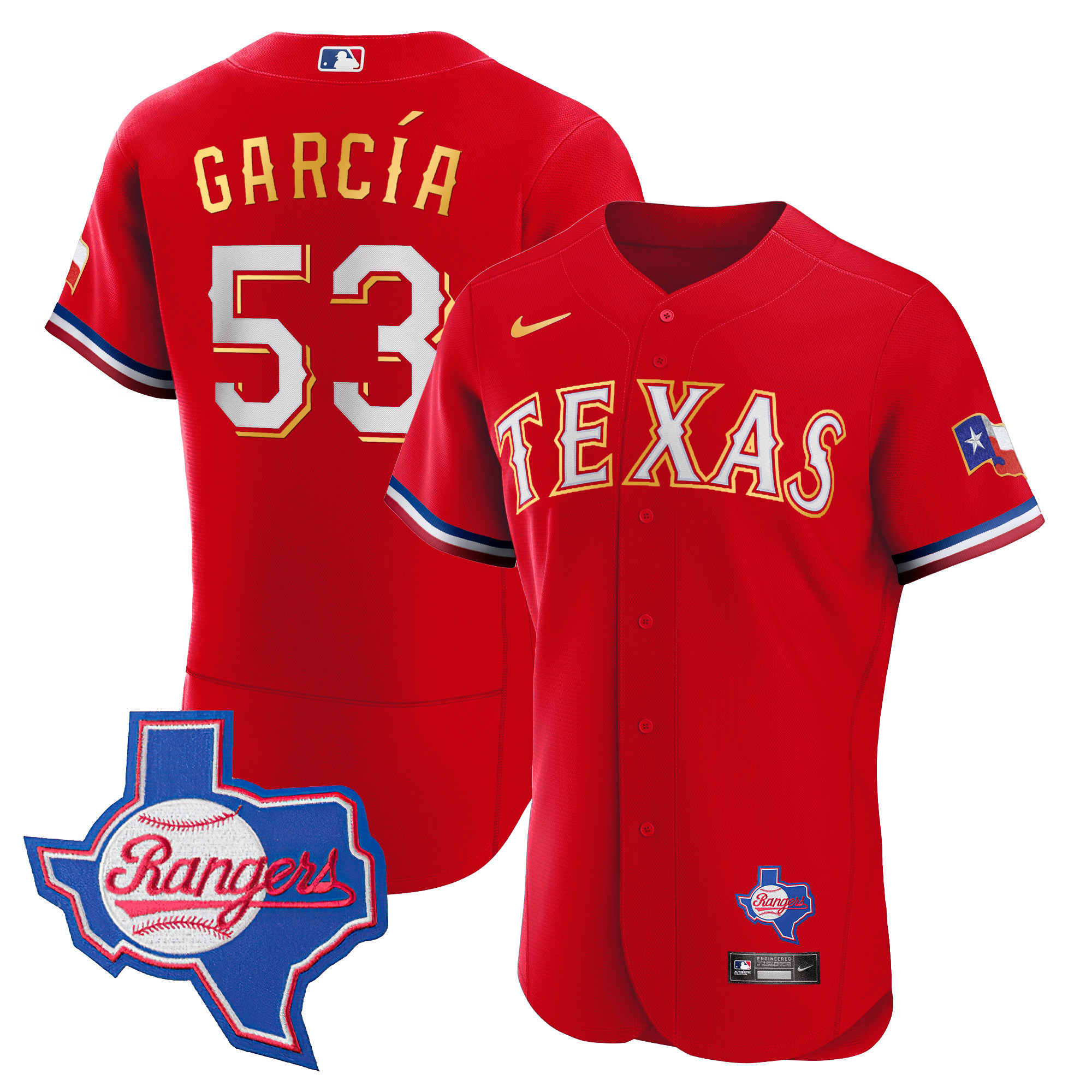 Adolis Garcia Men's Texas Rangers Gold Trim Flex Base - Texas Patch Red Jersey