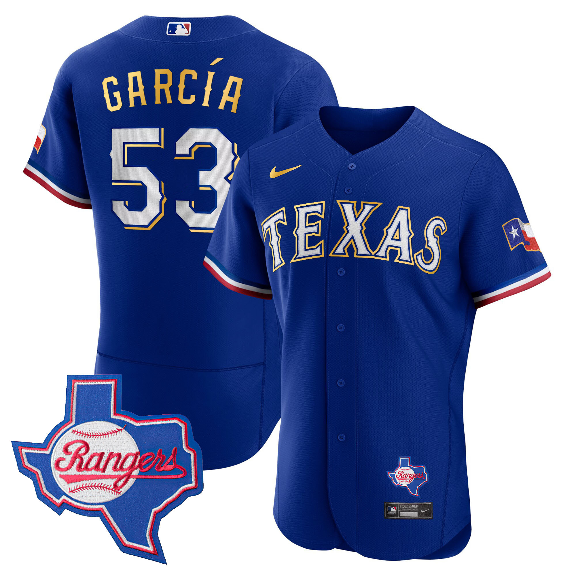 Adolis Garcia Men's Texas Rangers Gold Trim Flex Base - Texas Patch Royal Jersey