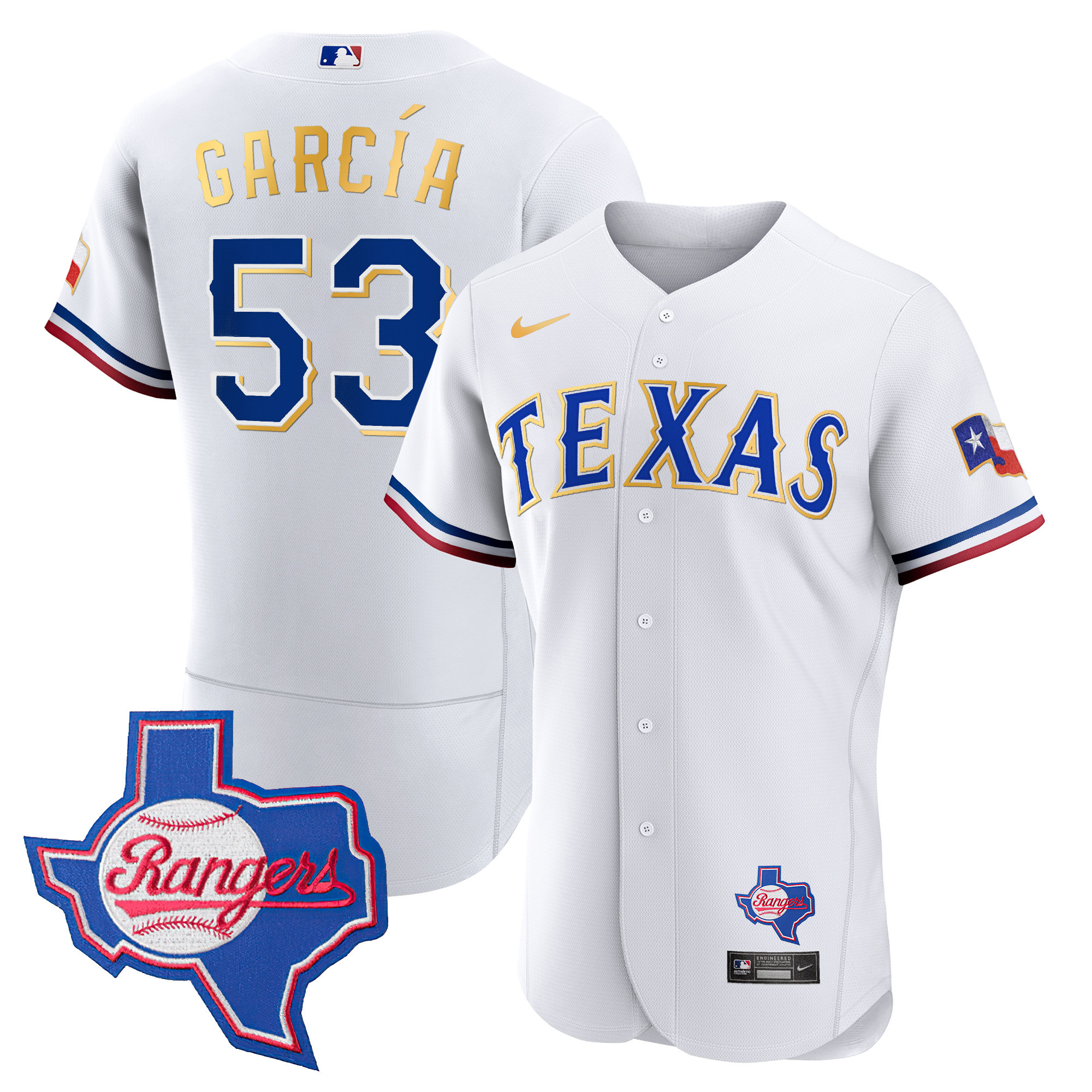 Adolis Garcia Men's Texas Rangers Gold Trim Flex Base - Texas Patch White Jersey