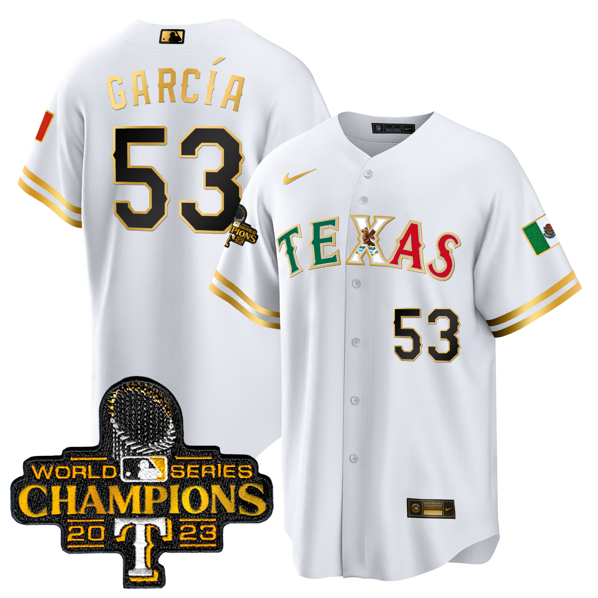 Adolis Garcia Men's Texas Rangers Mexico World Series Champions Baseball White Gold Jersey