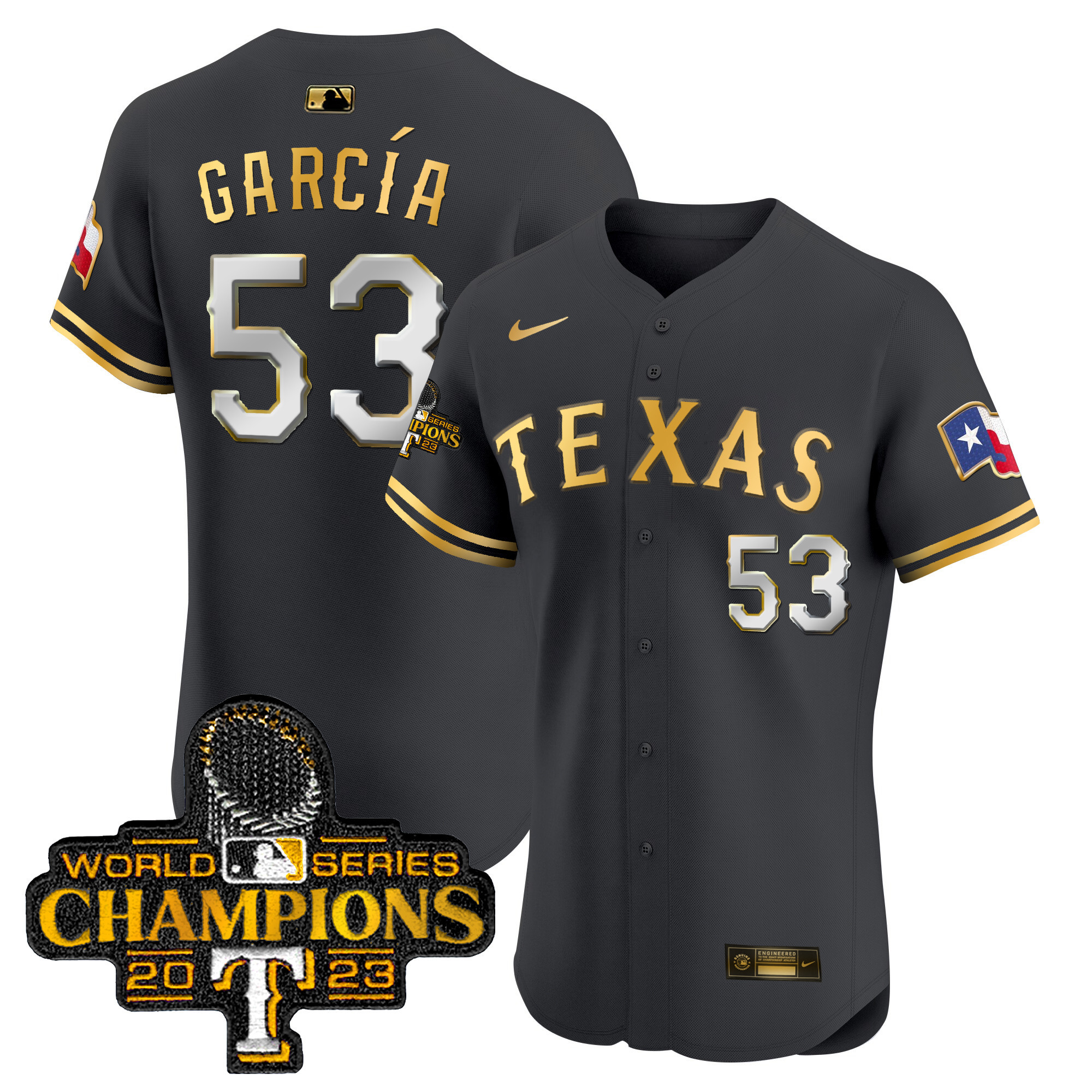 Adolis Garcia Men's Texas Rangers World Series Champions Vapor Premier Elite Black Gold Jersey