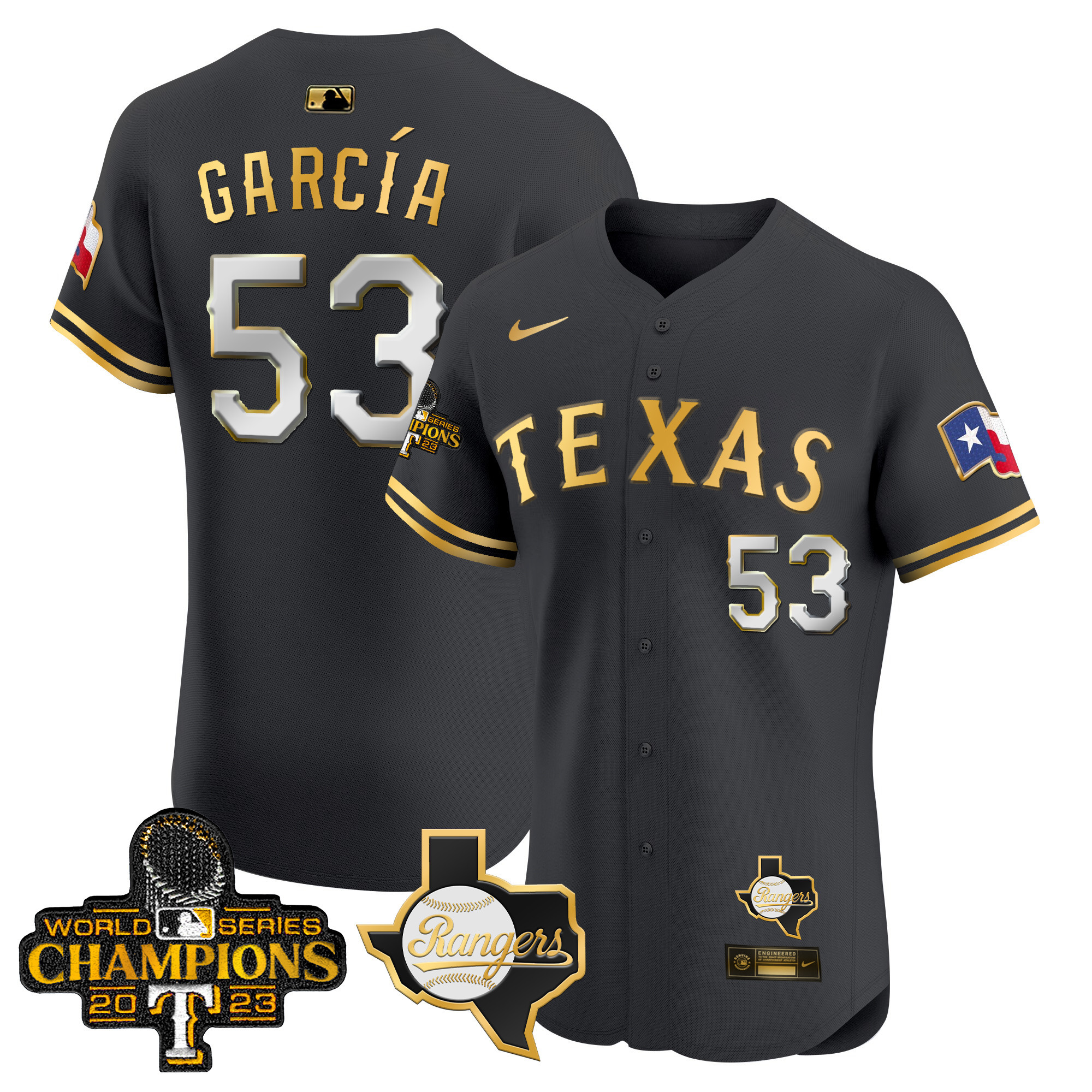 Adolis Garcia Men's Texas Rangers World Series Champions Vapor Premier Elite V2 Black Gold Jersey