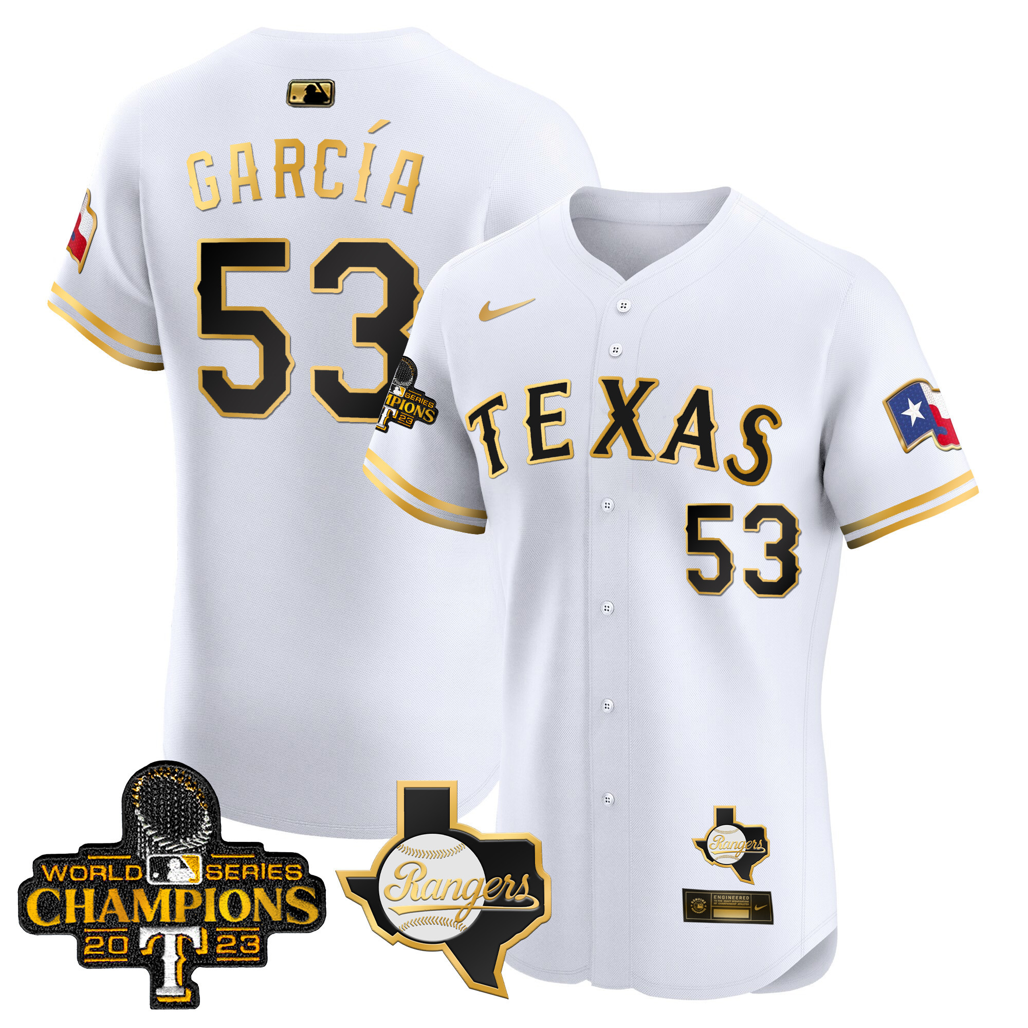 Adolis Garcia Men's Texas Rangers World Series Champions Vapor Premier Elite V2 White Gold Jersey