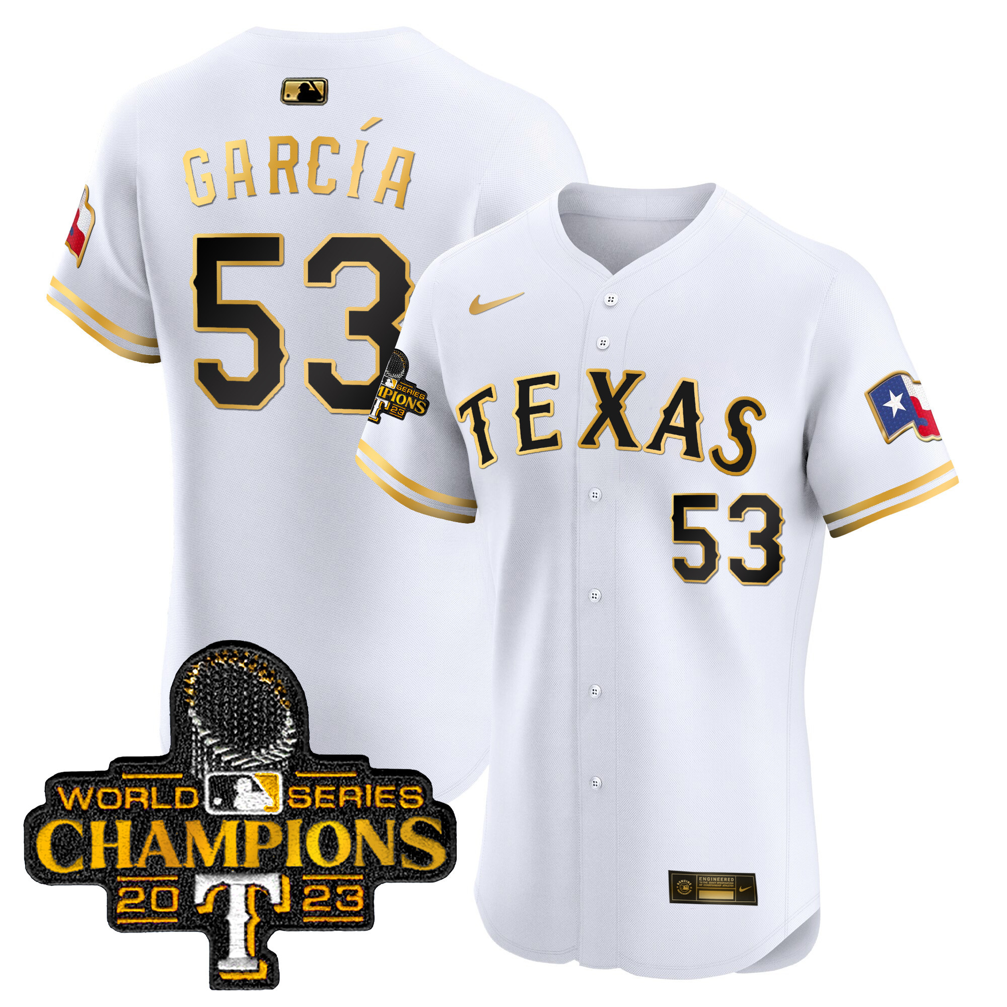 Adolis Garcia Men's Texas Rangers World Series Champions Vapor Premier Elite White Gold Jersey
