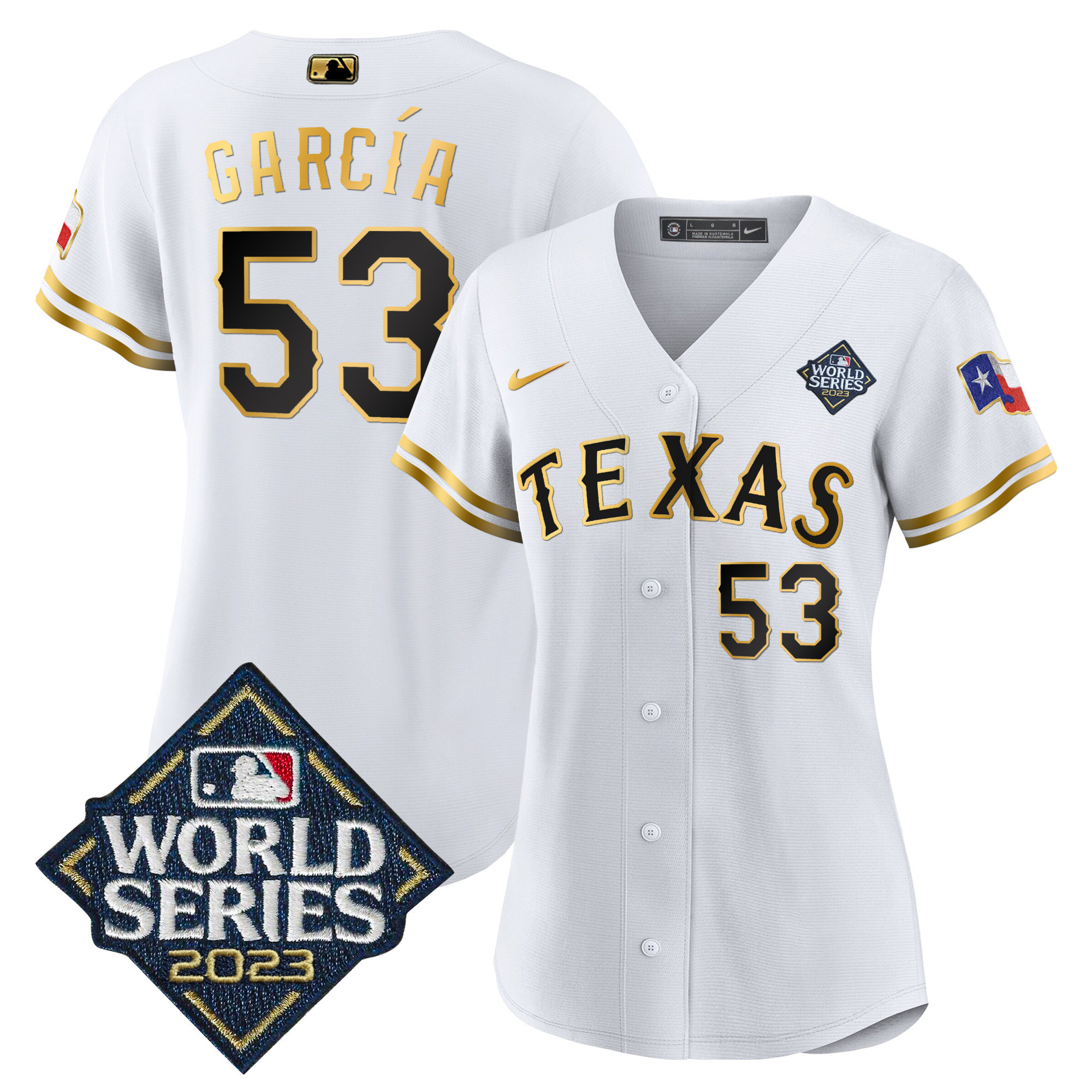 Adolis Garcia Women's Texas Rangers World Series Baseball V2 White Gold Jersey