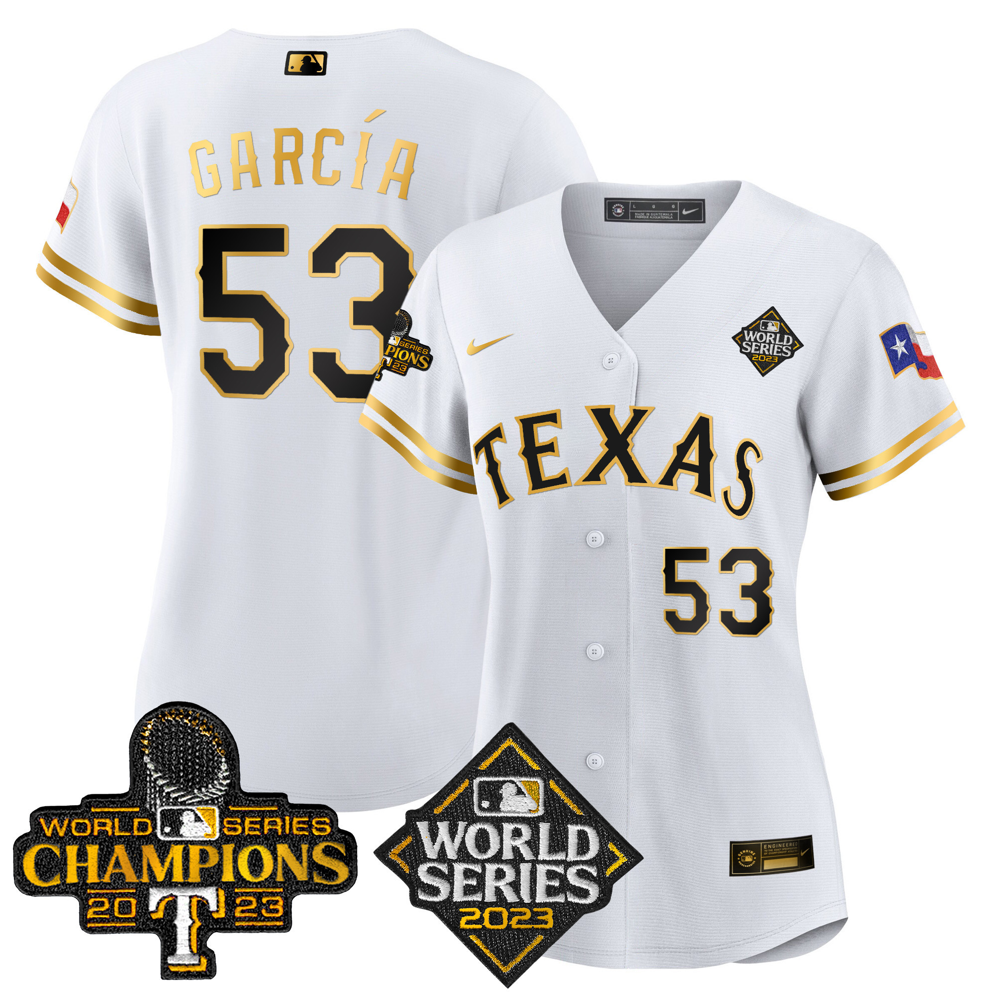 Adolis Garcia Women's Texas Rangers World Series Champions Baseball V4 White Gold Jersey