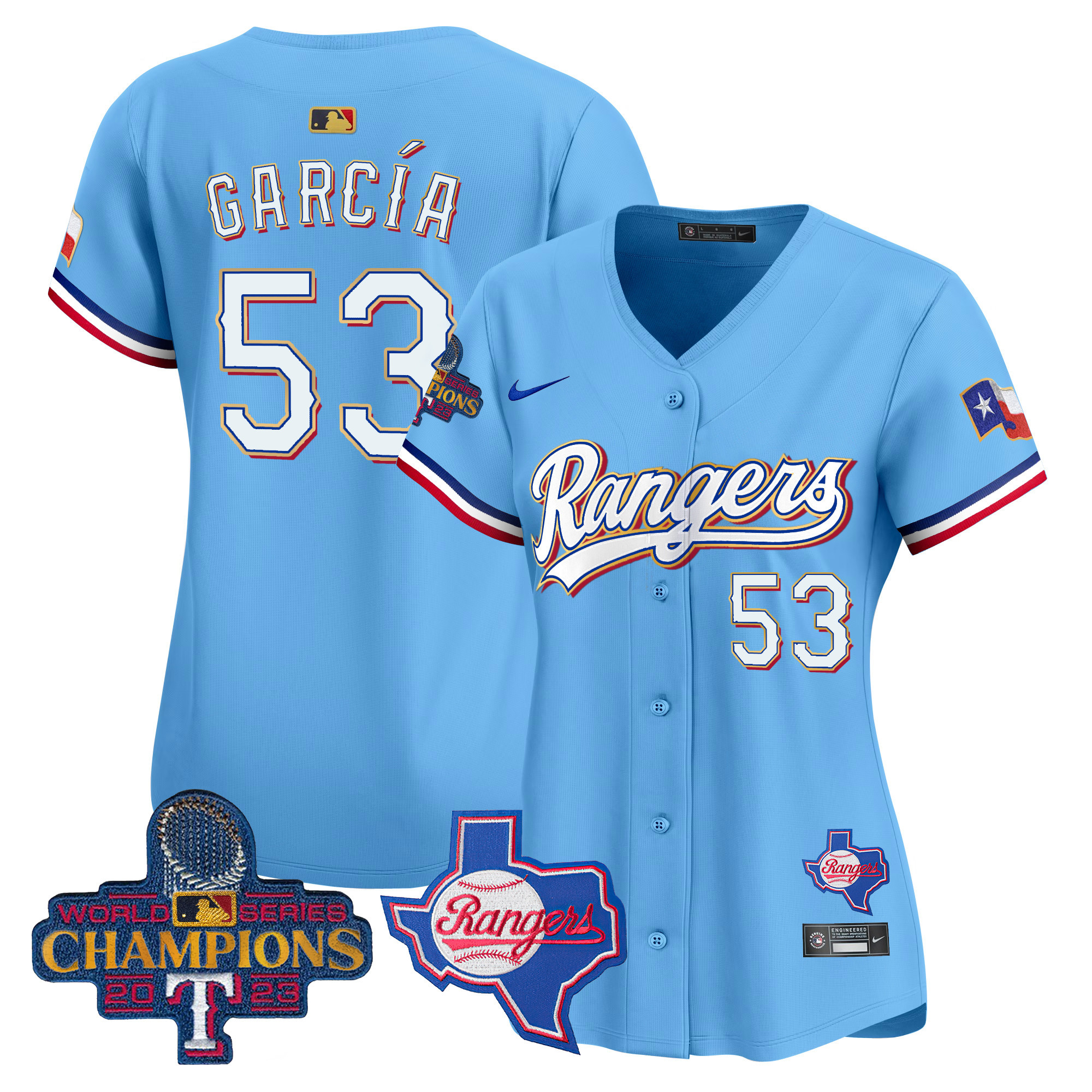 Adolis Garcia Women's Texas Rangers World Series Champions Gold Trim Vapor Premier Limited V2 Blue Jersey