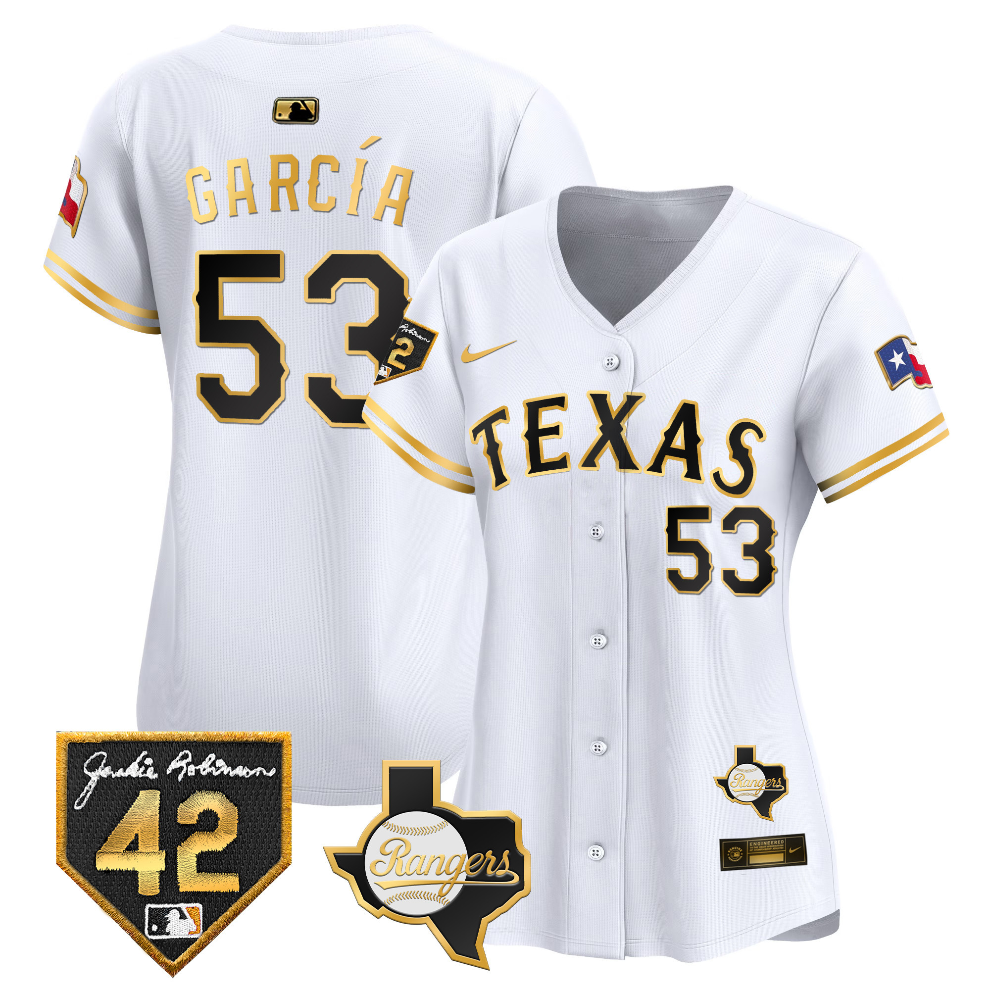 Adolis Garcia Women's Texas Rangers Jackie Robinson Patch Vapor Premier Limited White Gold Jersey