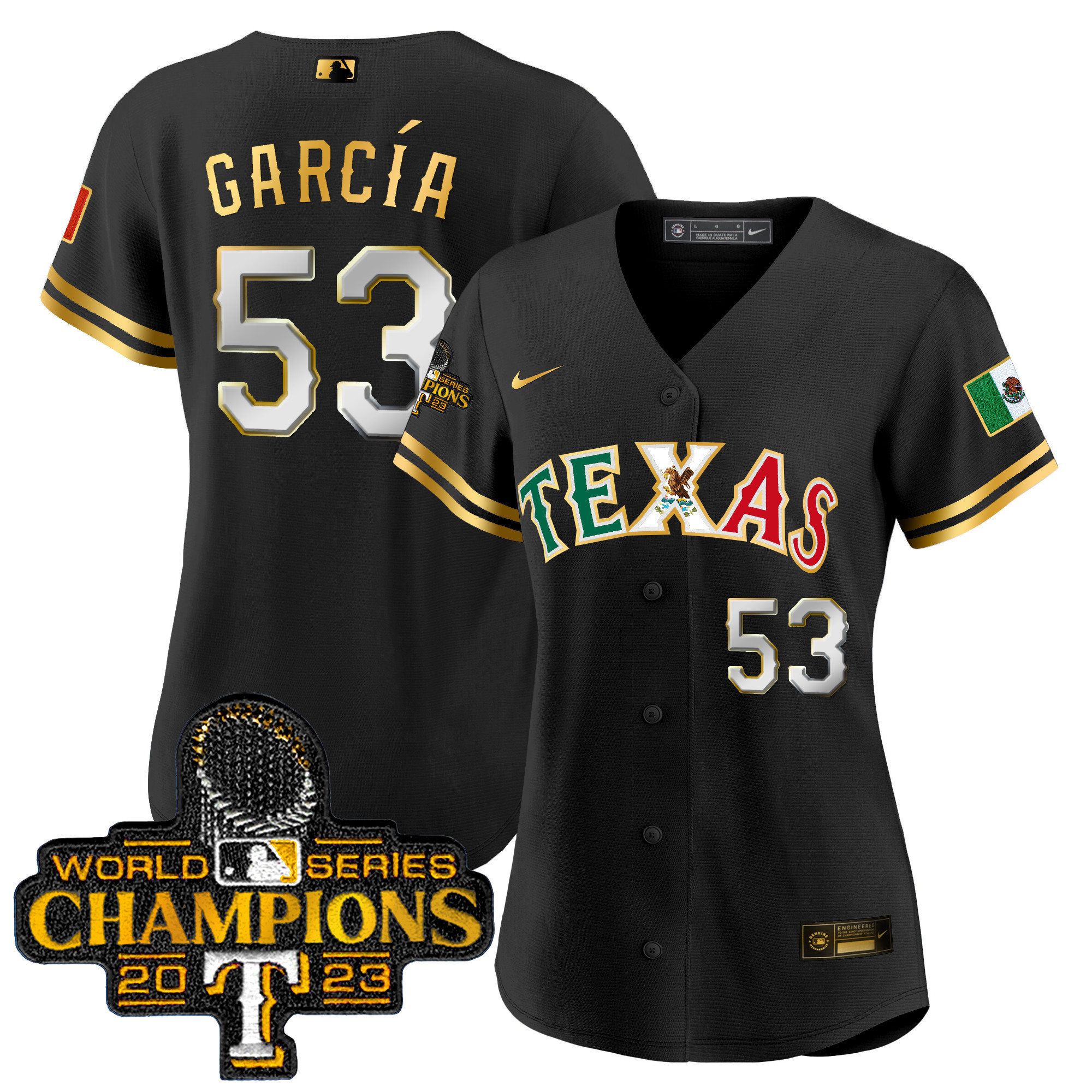 Adolis Garcia Women's Texas Rangers Mexico World Series Champions Baseball Black Gold Jersey