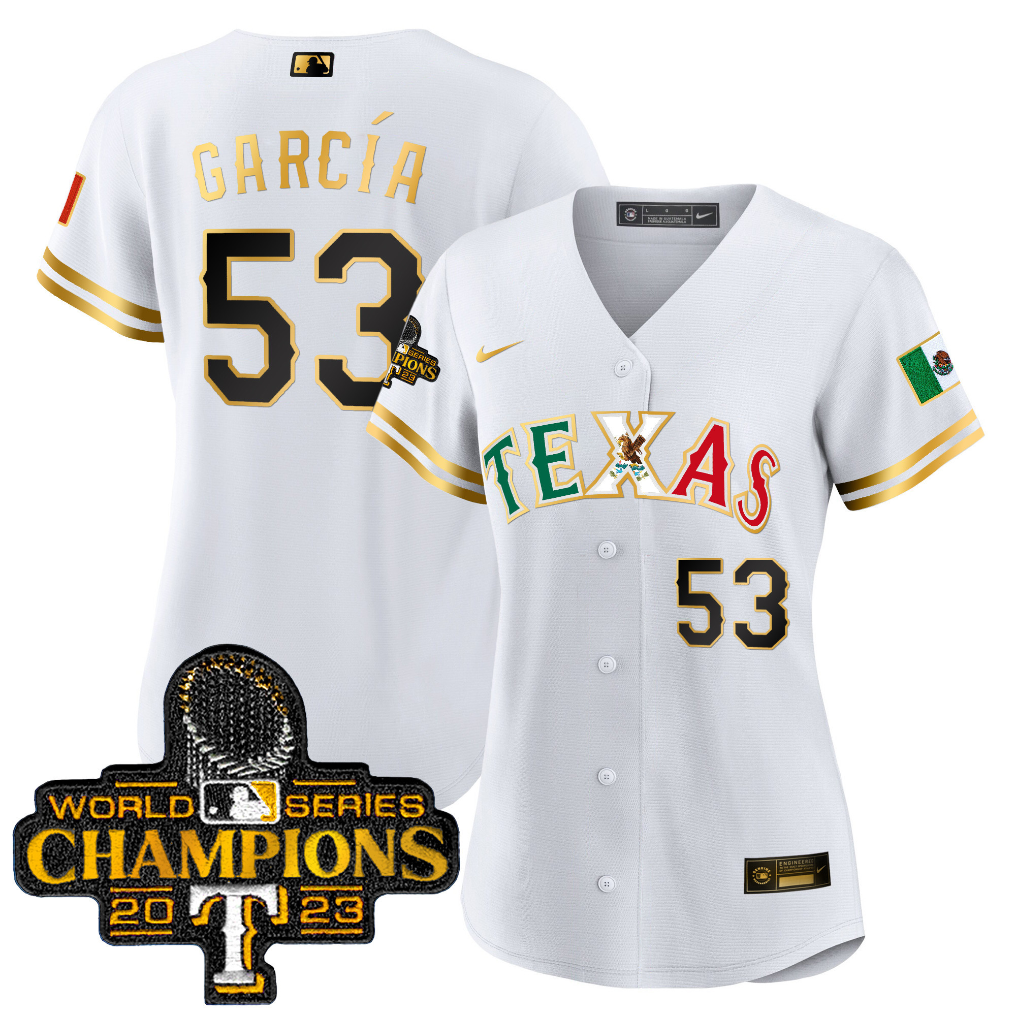 Adolis Garcia Women's Texas Rangers Mexico World Series Champions Baseball White Gold Jersey