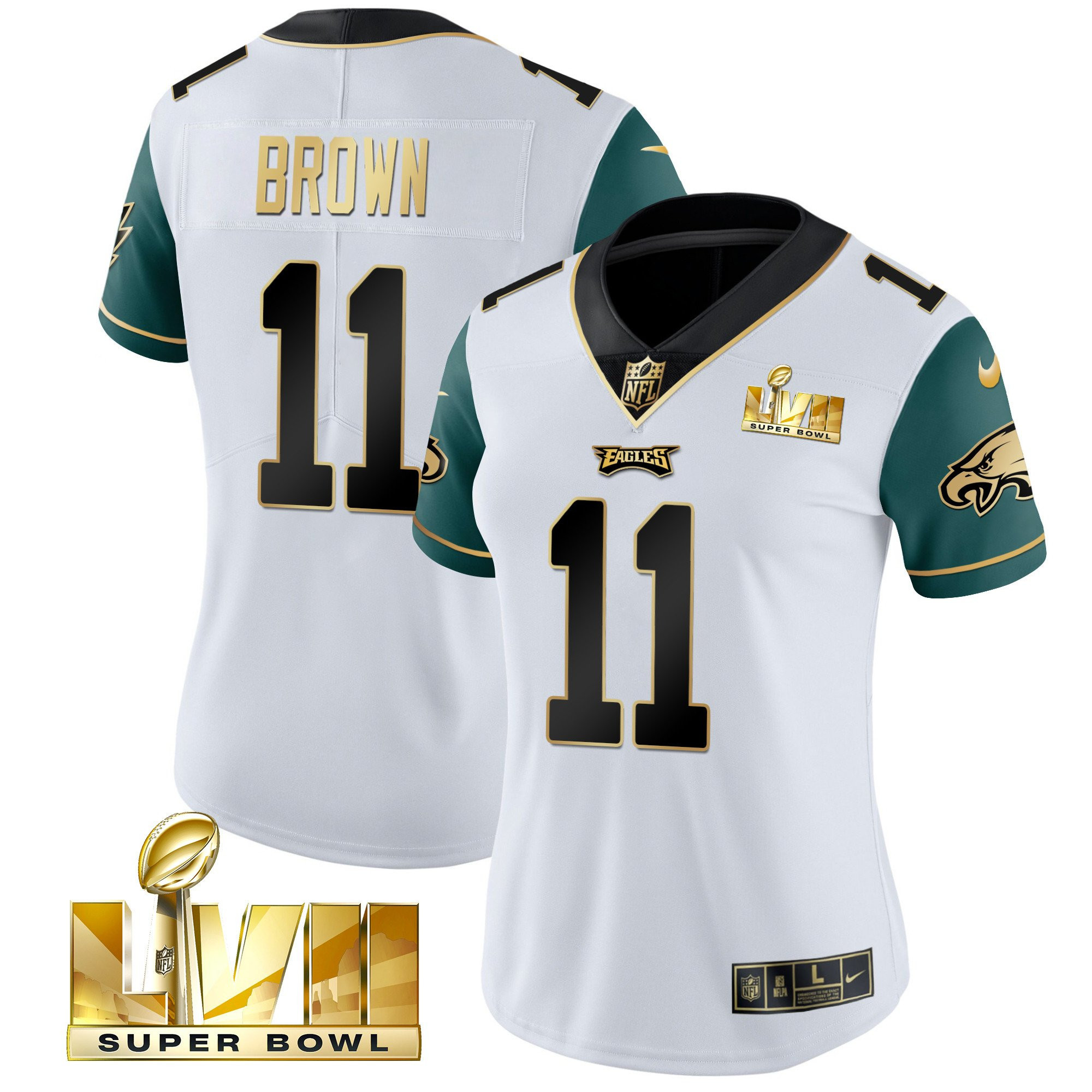 A.J. Brown Women's Philadelphia Eagles Super Bowl LVII Gold Vapor Midnight Green Sleeves Jersey
