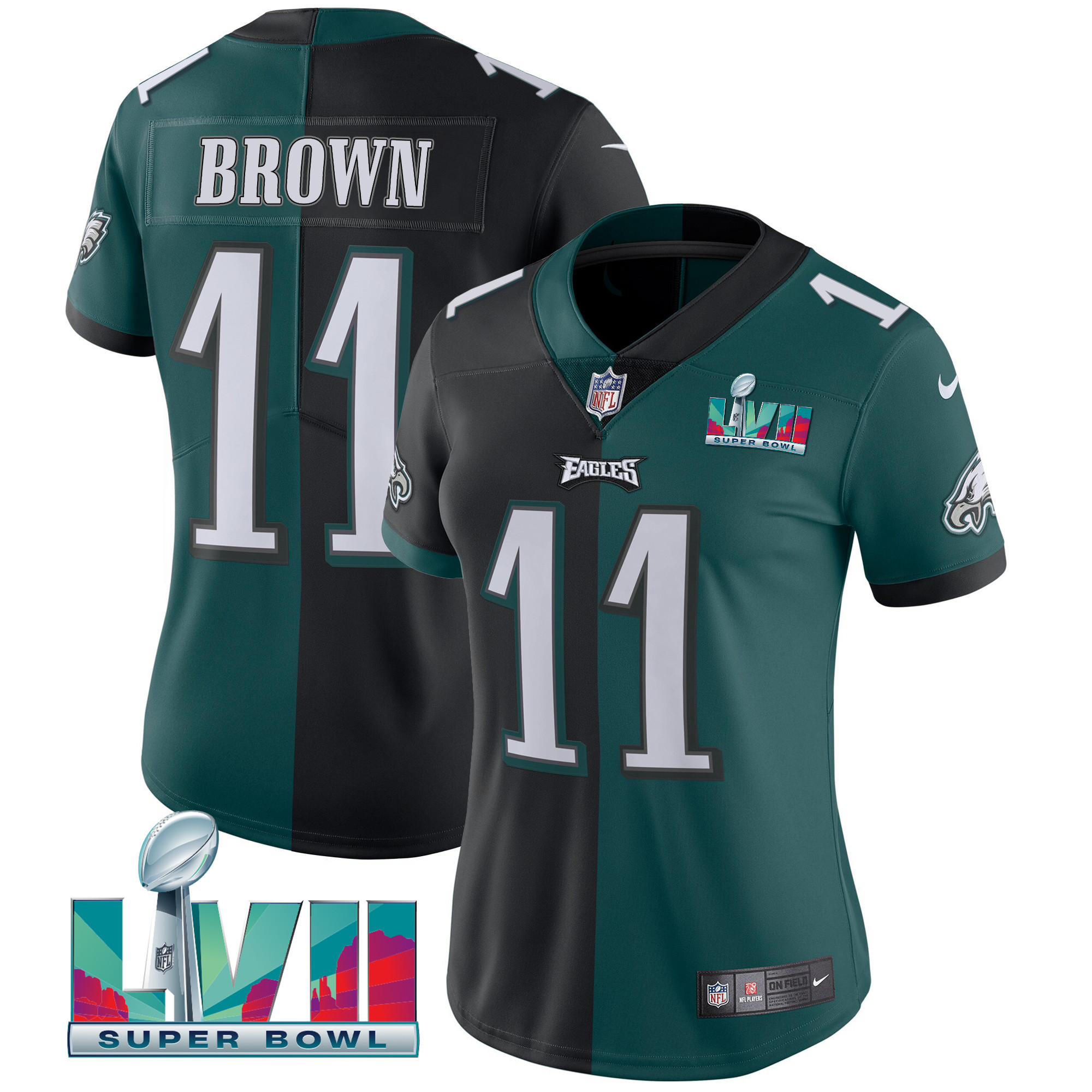 A.J. Brown Women's Philadelphia Eagles Super Bowl LVII Split Split Black Green Jersey
