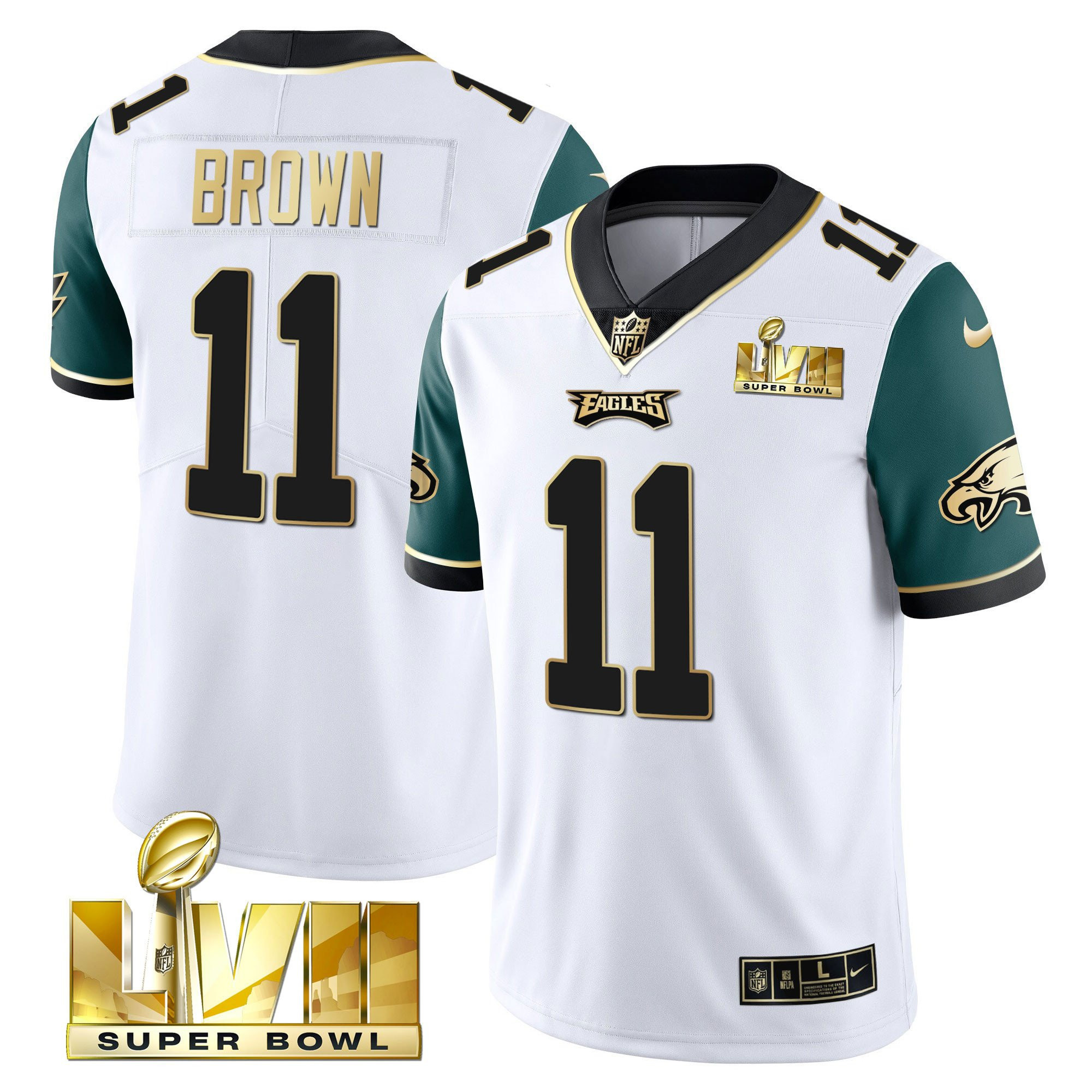 A.J. Brown Youth's Philadelphia Eagles Super Bowl Vapor Gold Midnight Green Sleeves Jersey