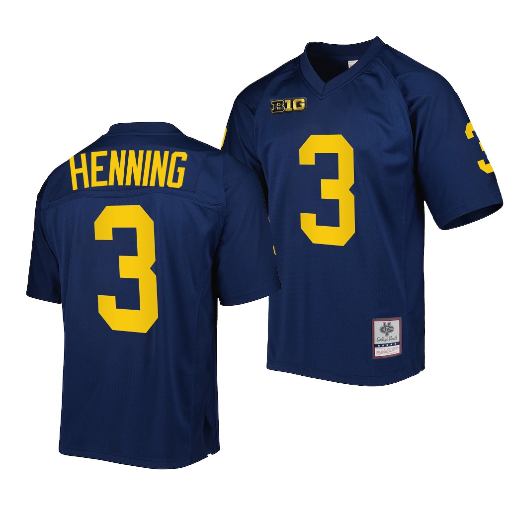 A.J. Henning Michigan Wolverines #3 Navy Jersey Men's Mitchell Ness Uniform