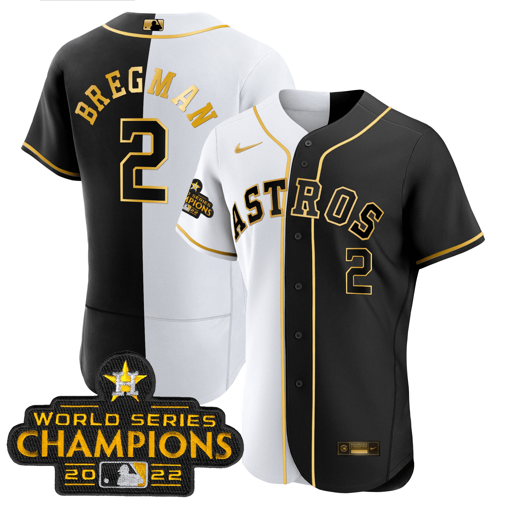 Alex Bregman Houston Astros Flex Base Split Black & White Gold Jersey - All Stitched