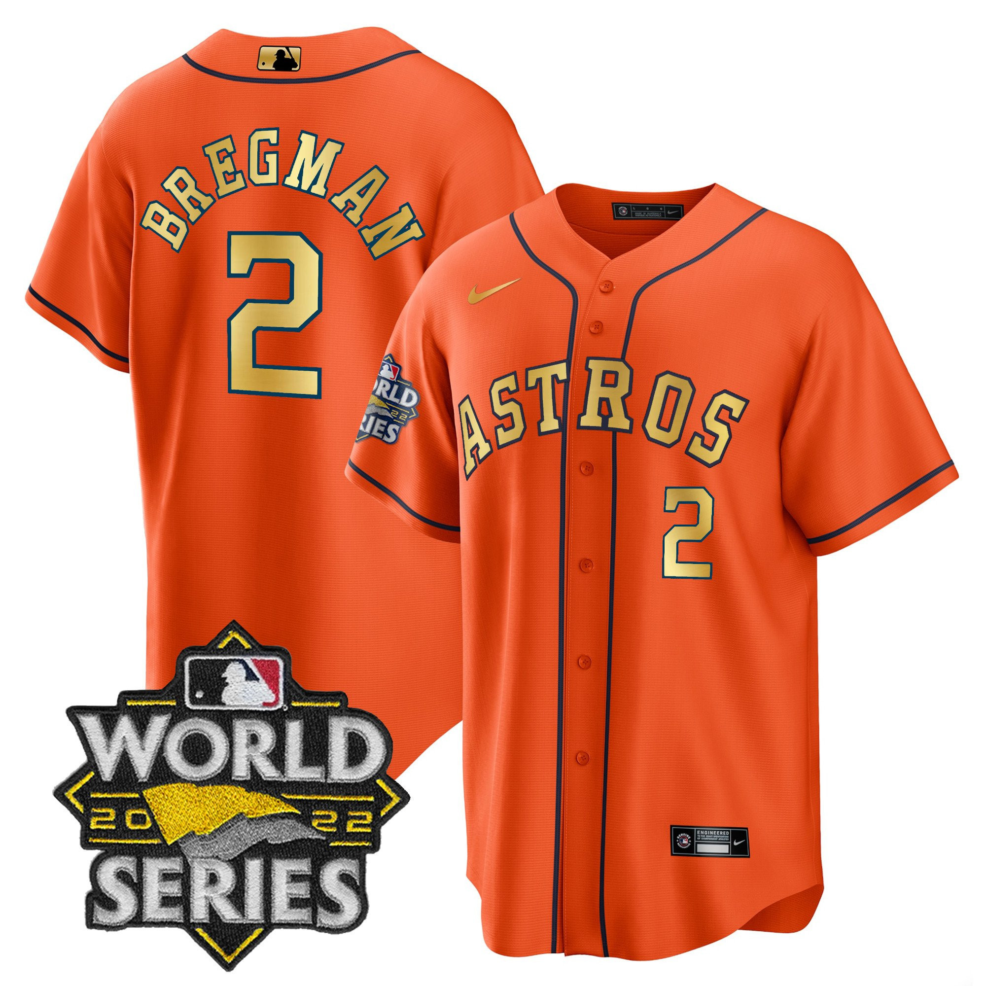 Alex Bregman Houston Astros World Series Orange Gold Jersey - All Stitched