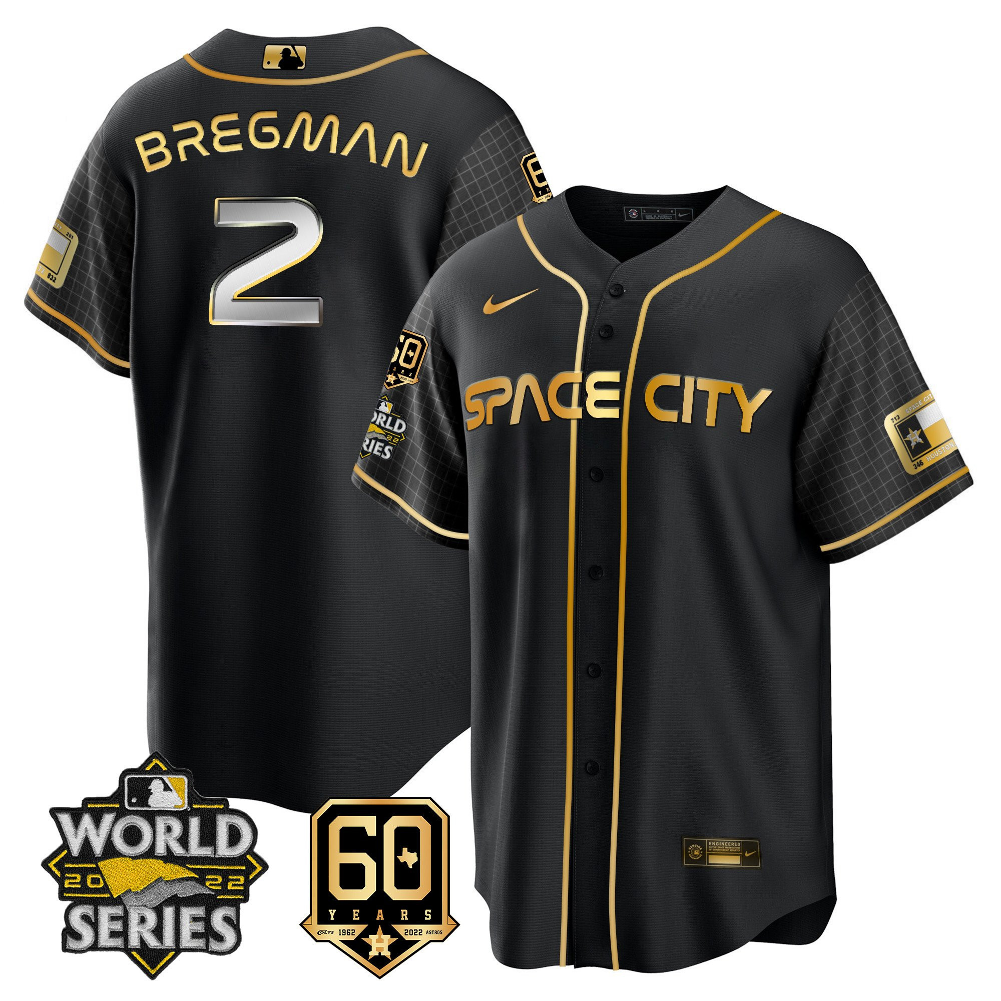Alex Bregman Men's Houston Astros World Series & 60th Patch Cool Black Space Jersey - All Stitched
