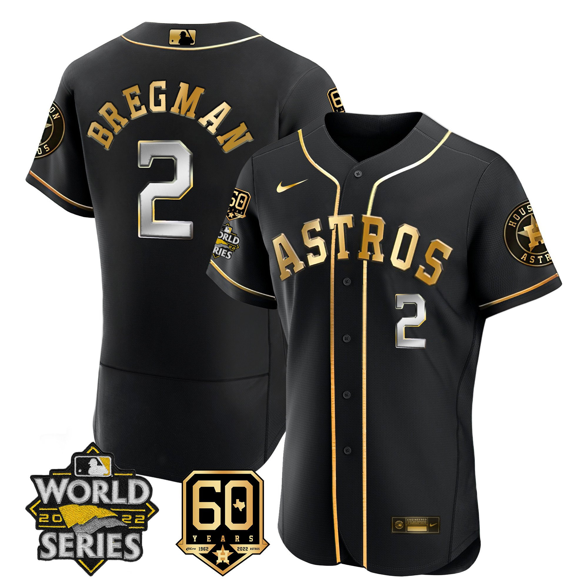 Alex Bregman Men's Houston Astros World Series & 60th Patch Flex Black Jersey - All Stitched