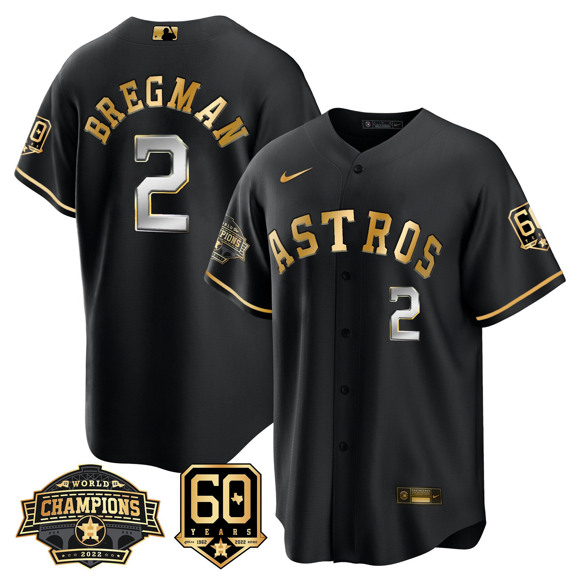 Alex Bregman Men's Houston Astros World Series Champions & 60th Anniversary Patch Cool Black Gold Jersey