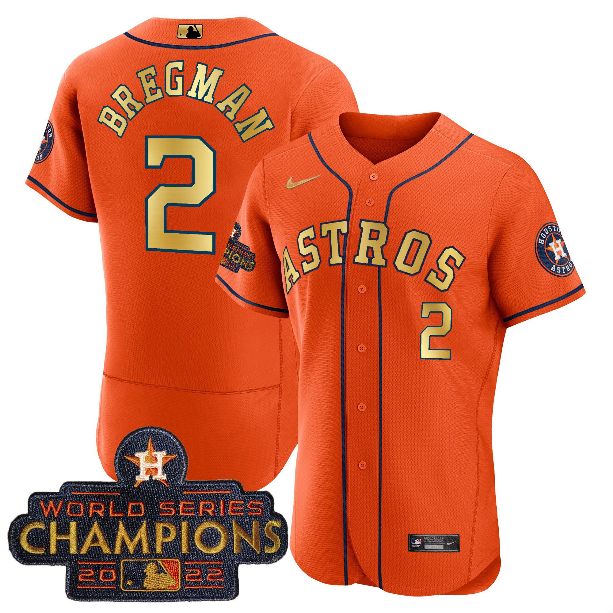 Alex Bregman Men's Houston Astros Champions Orange Gold Flex Base Jersey - All Stitched