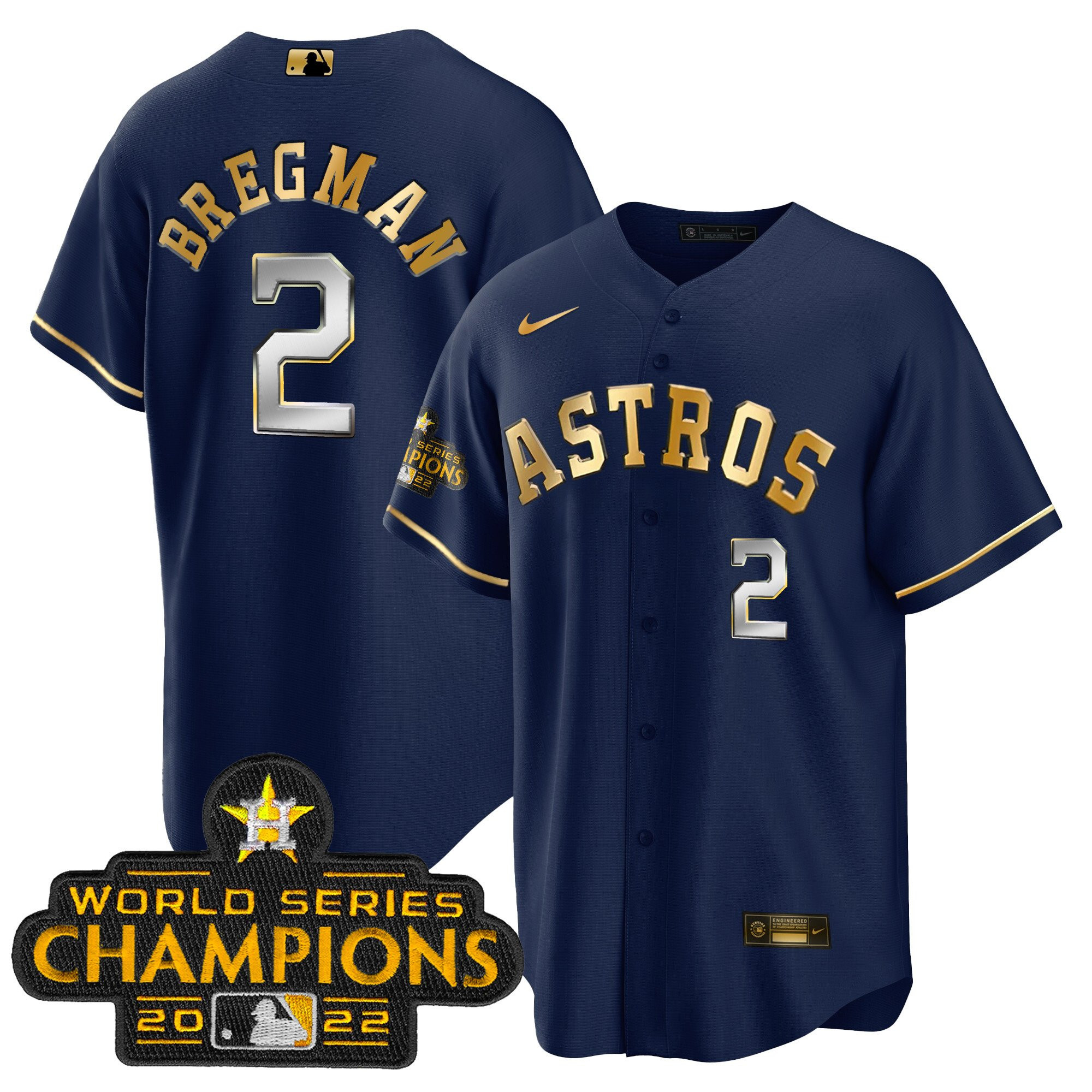 Alex Bregman Men's Houston Astros Gold Cool Base Collection Navy Gold Jersey - All Stitched