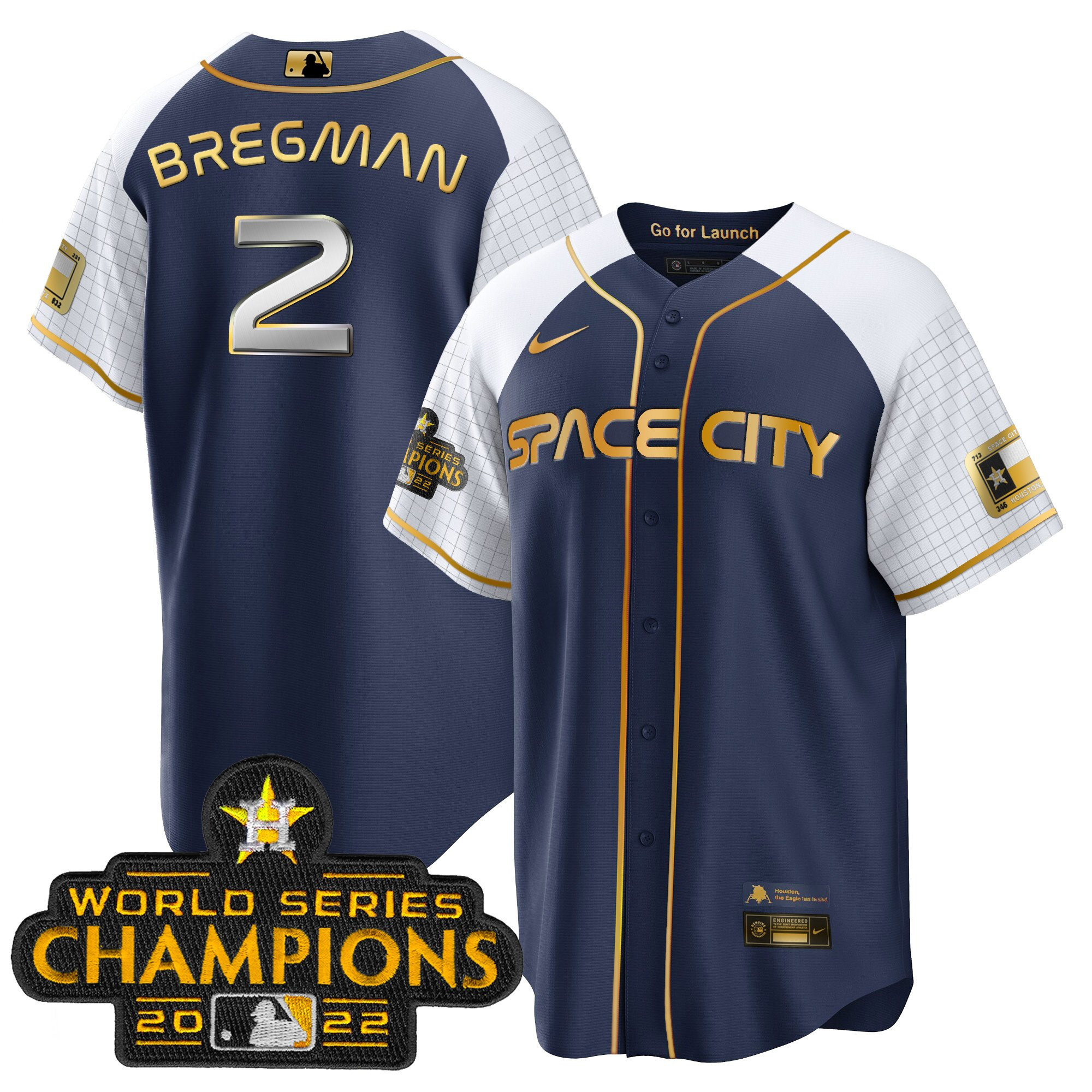 Alex Bregman Men's Houston Astros Space City Champions Alternate Navy Cool Navy Gold Jersey - All Stitched