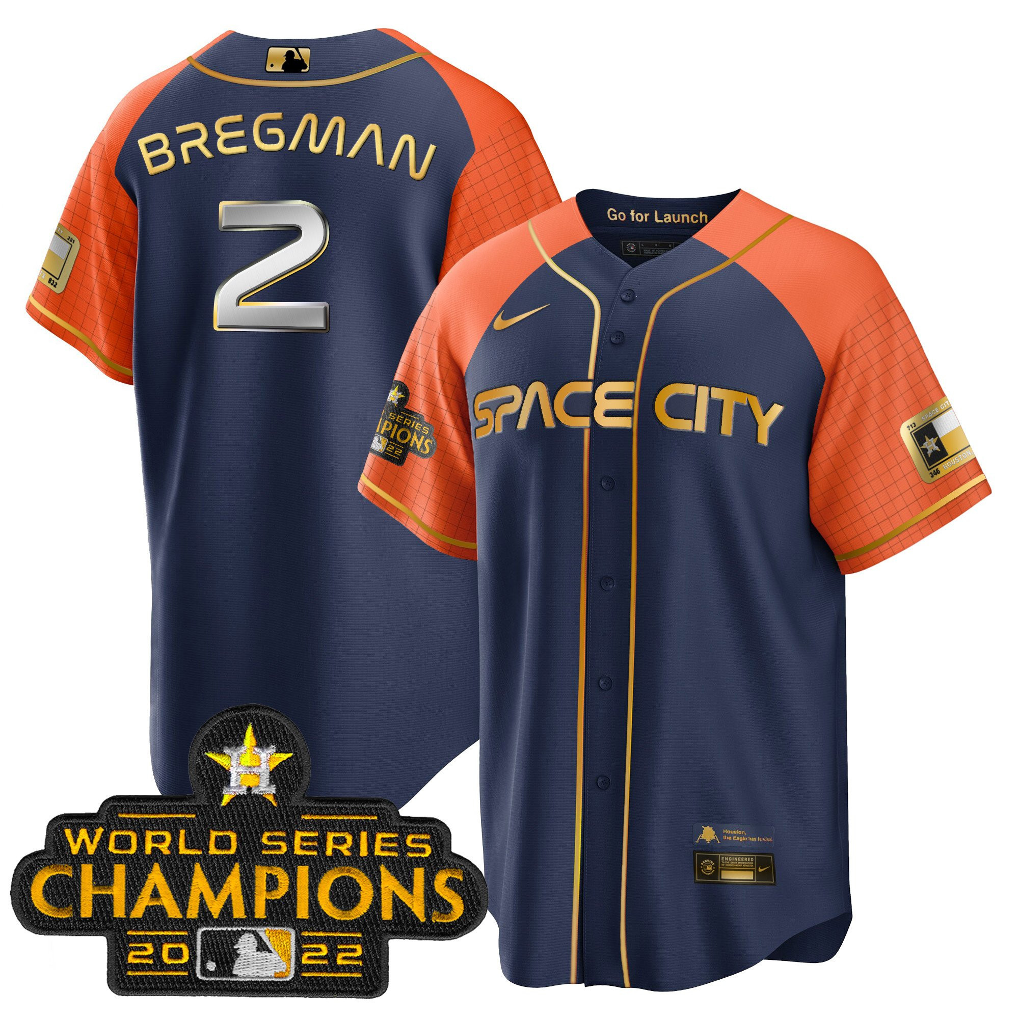 Alex Bregman Men's Houston Astros Space City Champions Alternate Navy Cool Navy Orange Jersey - All Stitched