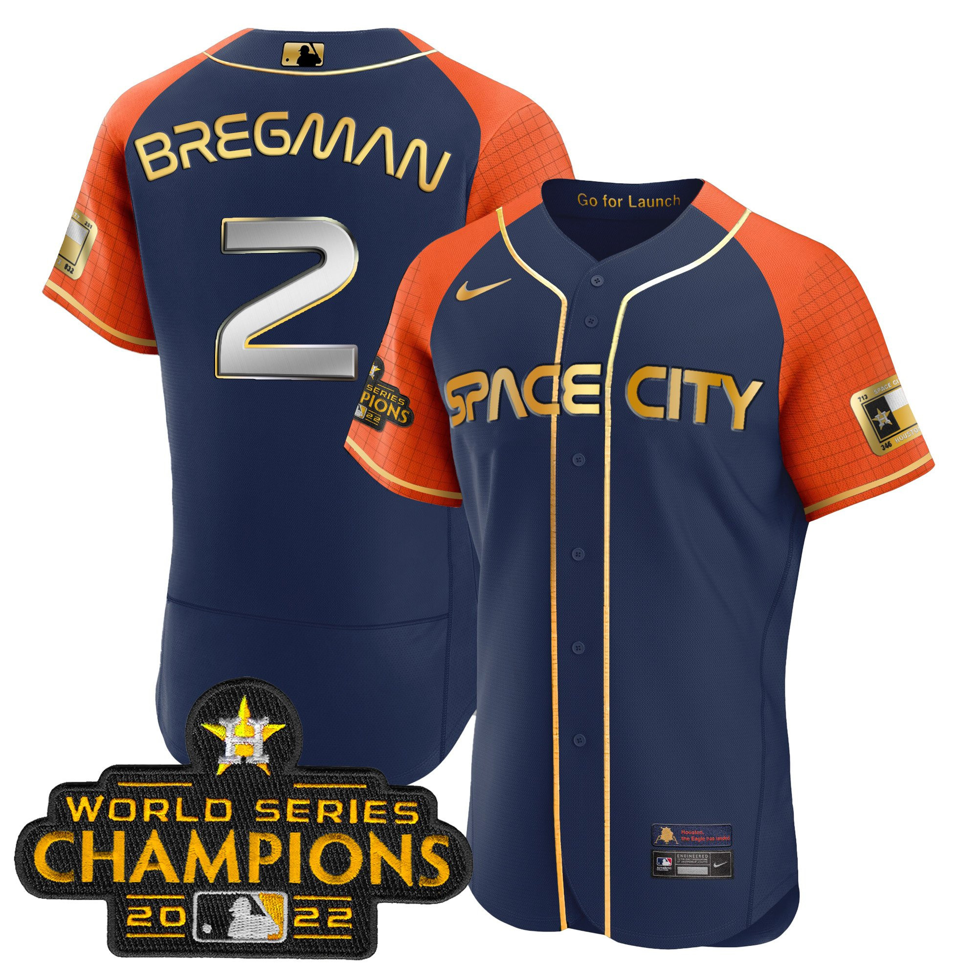 Alex Bregman Men's Houston Astros Space City Champions Alternate Navy Flex Navy Orange Jersey - All Stitched