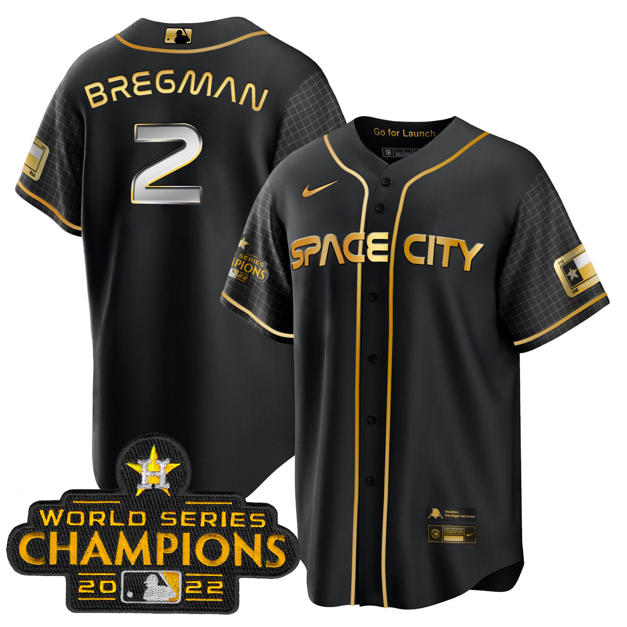 Alex Bregman Men's Houston Astros Space City Champions Cool Black Gold Jersey - All Stitched