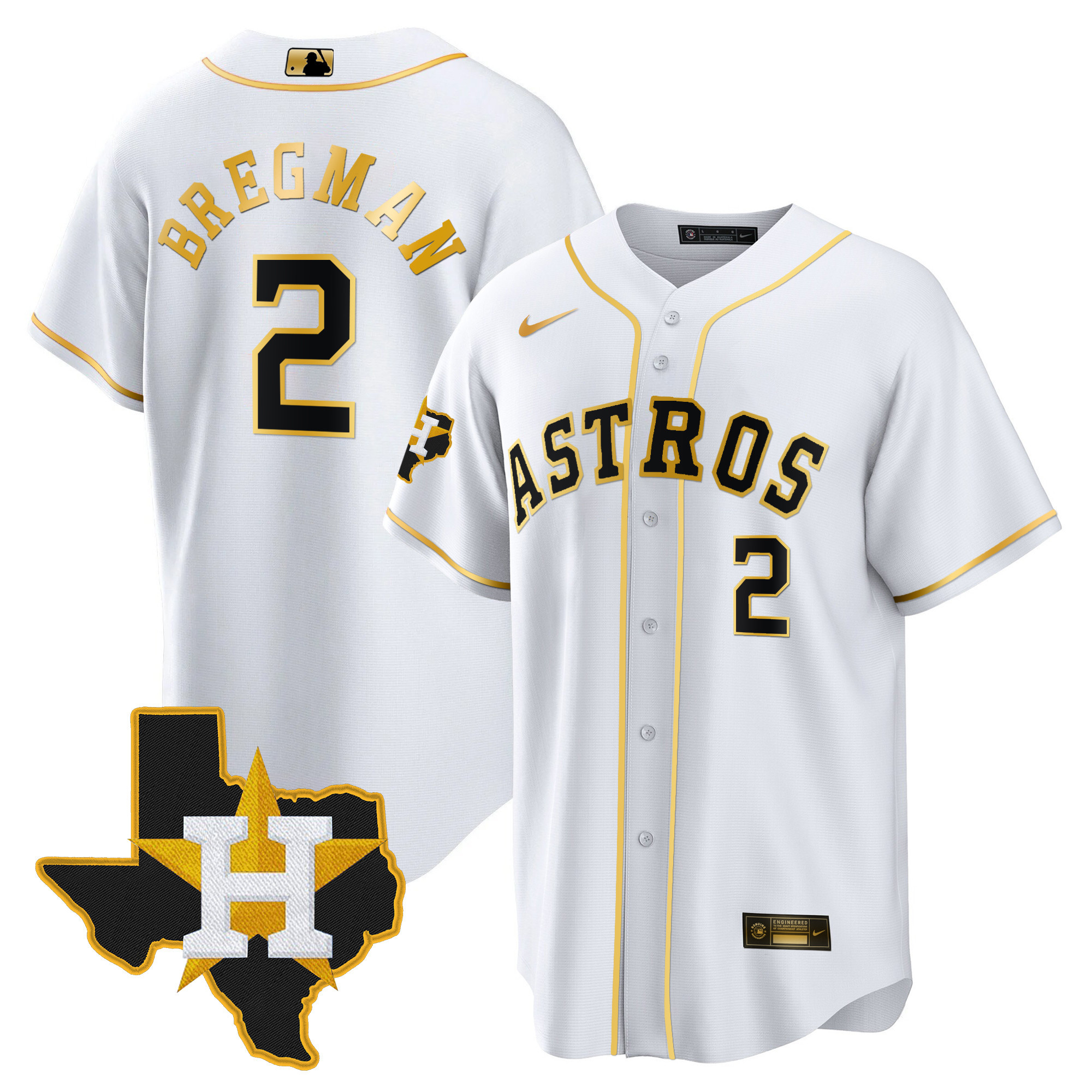 Alex Bregman Men's Houston Astros Gold - Texas Patch Cool White Jersey - All Stitched
