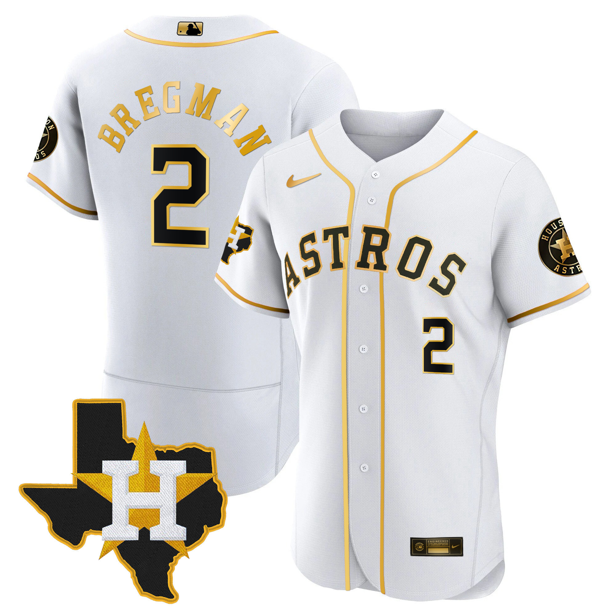 Alex Bregman Men's Houston Astros Gold - Texas Patch Flex White Jersey - All Stitched