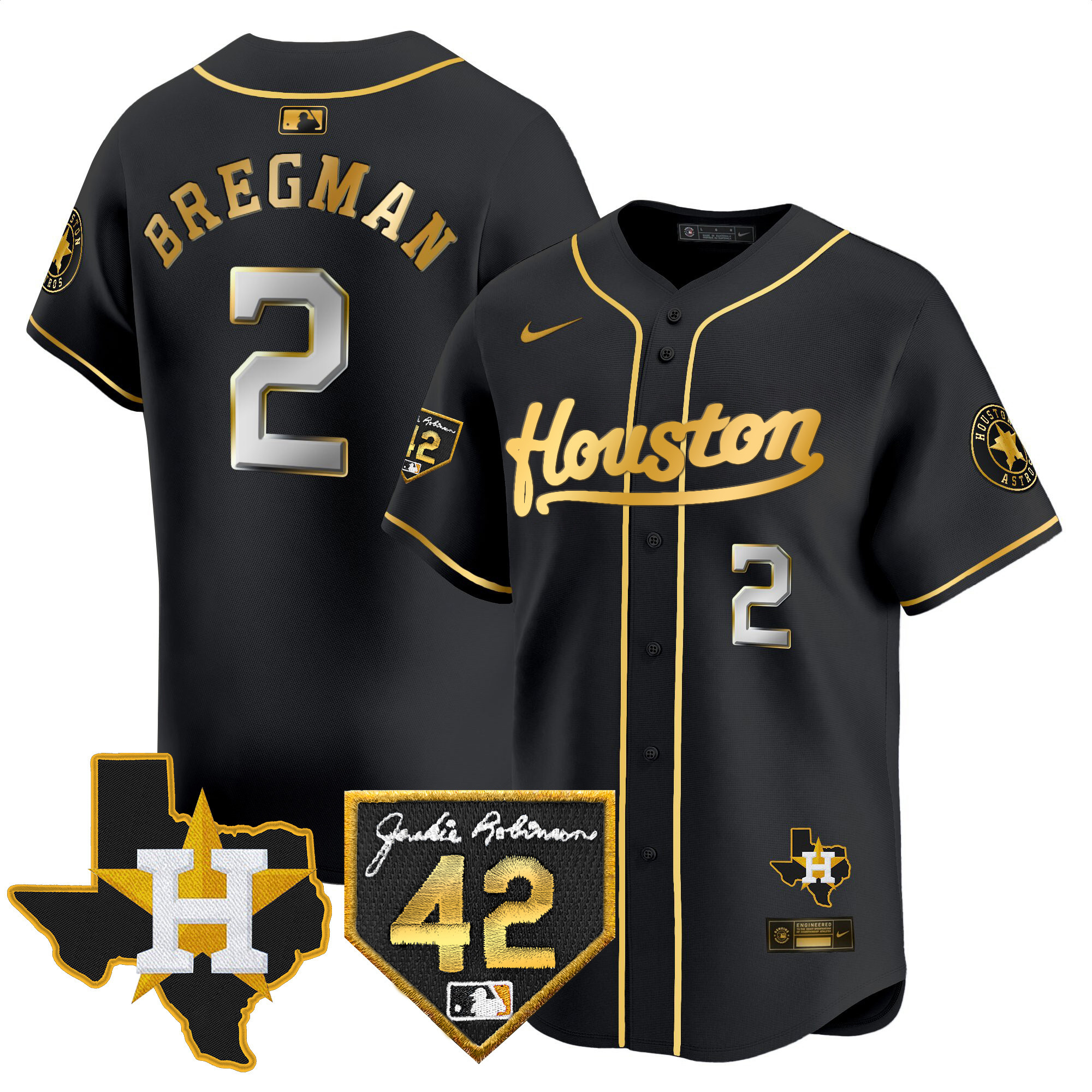 Alex Bregman Men's Houston Astros Jackie Robinson Patch Vapor Premier Limited Black Gold Jersey - All Stitched