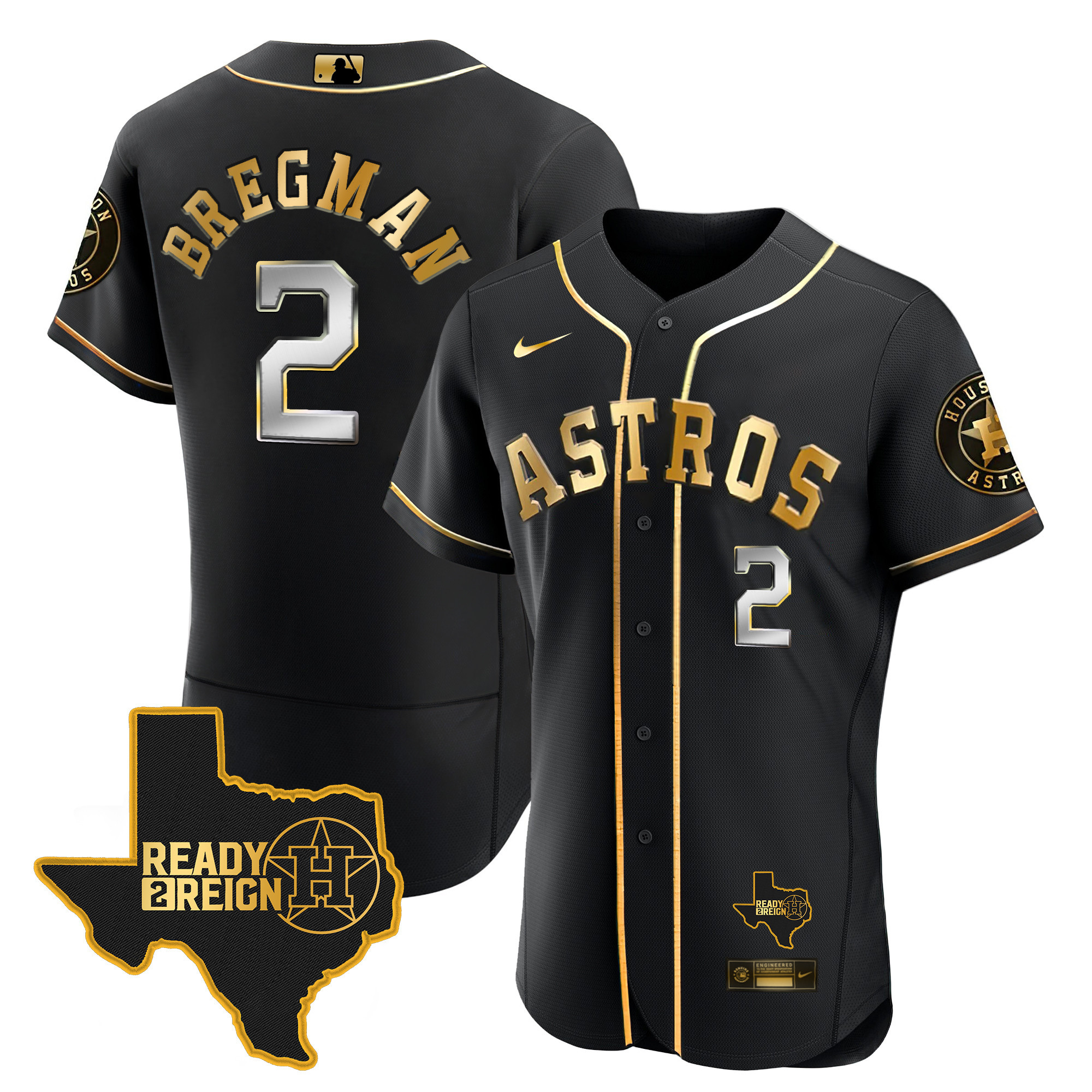 Alex Bregman Men's Houston Astros Ready 2 Reign Flex Base Black Gold Jersey - All Stitched