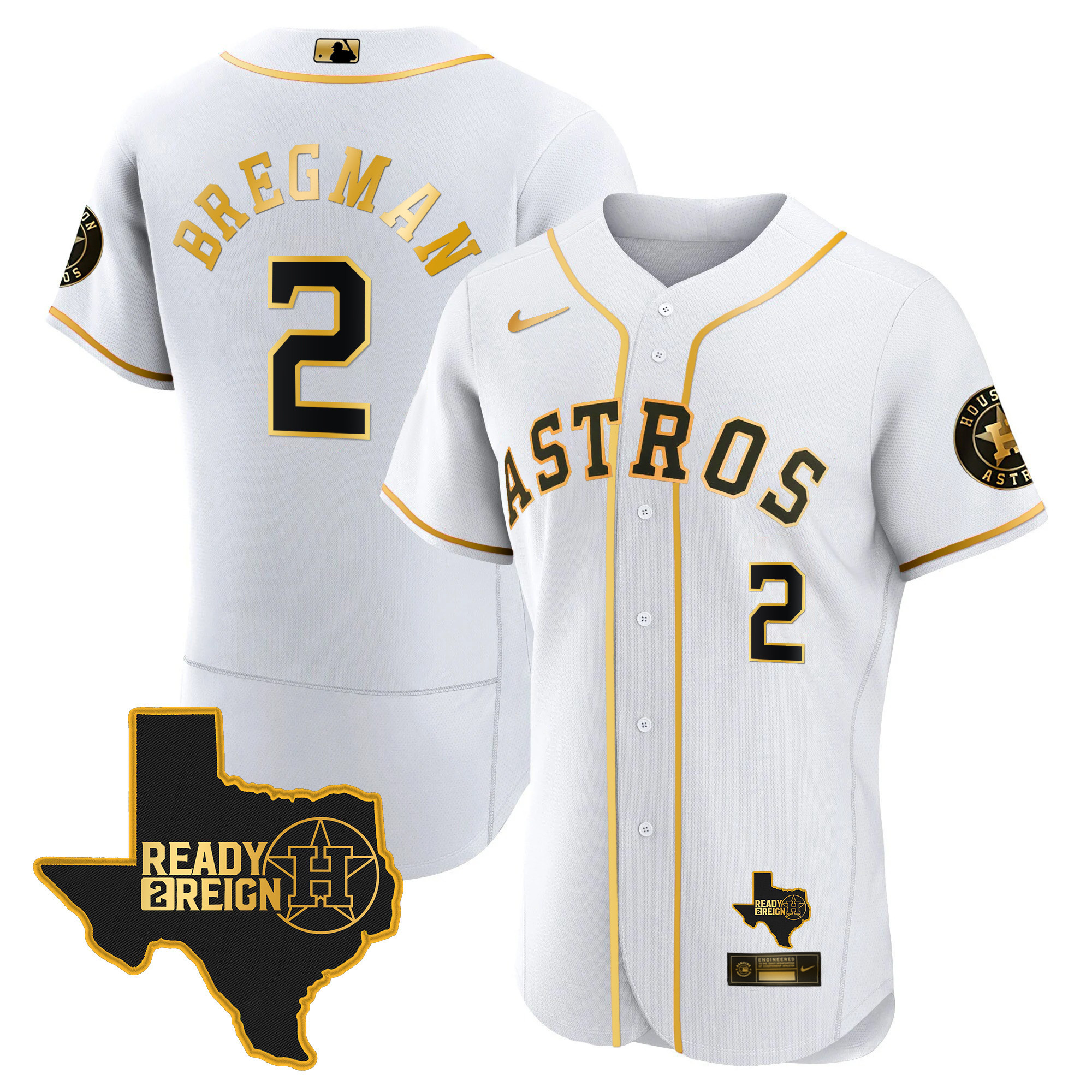 Alex Bregman Men's Houston Astros Ready 2 Reign Flex Base White Gold Jersey - All Stitched