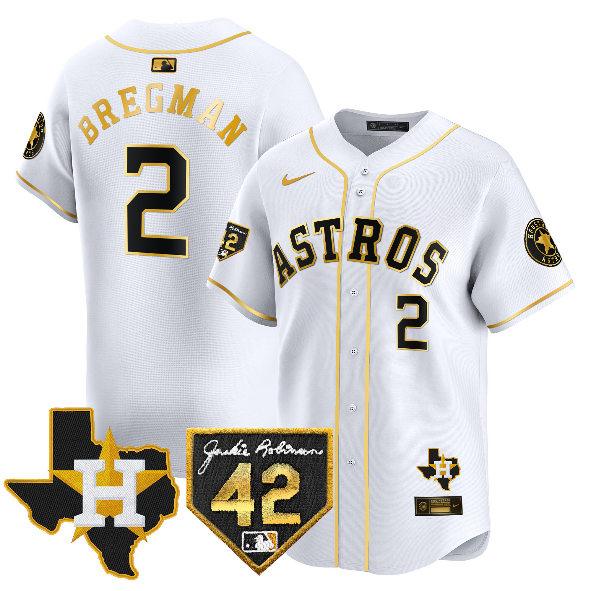 Alex Bregman Men's Houston Astros Robinson & Texas Patch Vapor Premier Limited White Gold Jersey - All Stitched